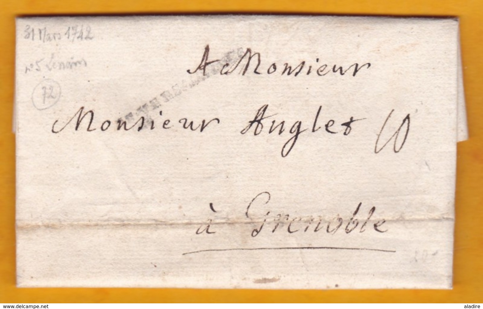 1742 - Marque Postale DE VERSAILLES, Seine Et Oise Vers Grenoble, Isère - Taxe 10 - Règne De Louis XV - 1701-1800: Precursors XVIII