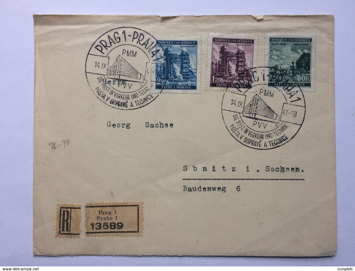 BOHEMIA & MORAVIA 1941 Cover Registered Prague To Sebinitz Germany With Prague Handstamps - Covers & Documents