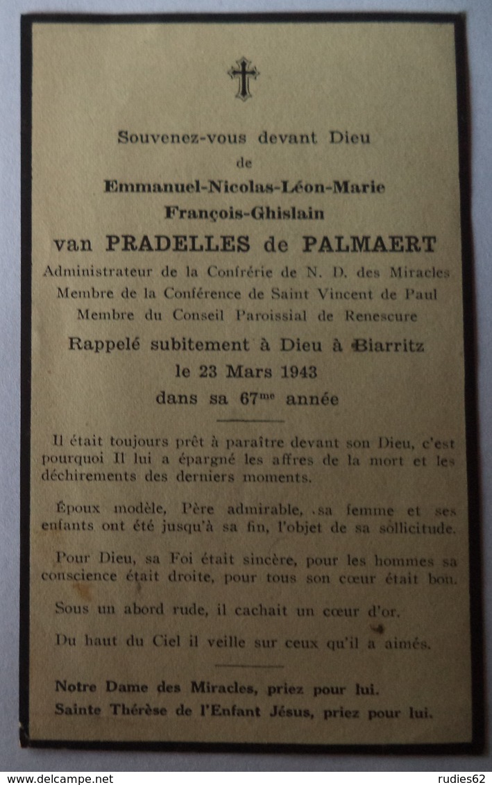 Renescure - Herly - Biarritz : Image Mortuaire VAN PRADELLES DE PALMAERT Emmanuel (X DE BOUTEVILLE Yvonne) - Décès