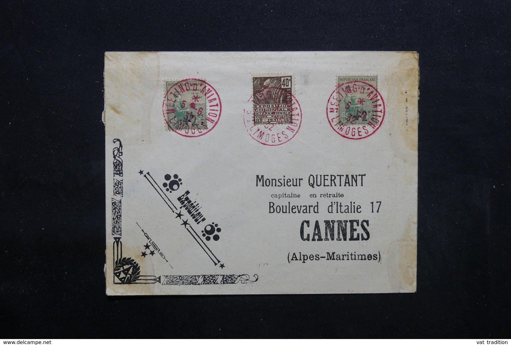 FRANCE - Oblitération En Rouge Du Meeting De Limoges En 1932 Sur Enveloppe Illustrée Recto Et Verso Pour Cannes- L 32382 - 1960-.... Lettres & Documents