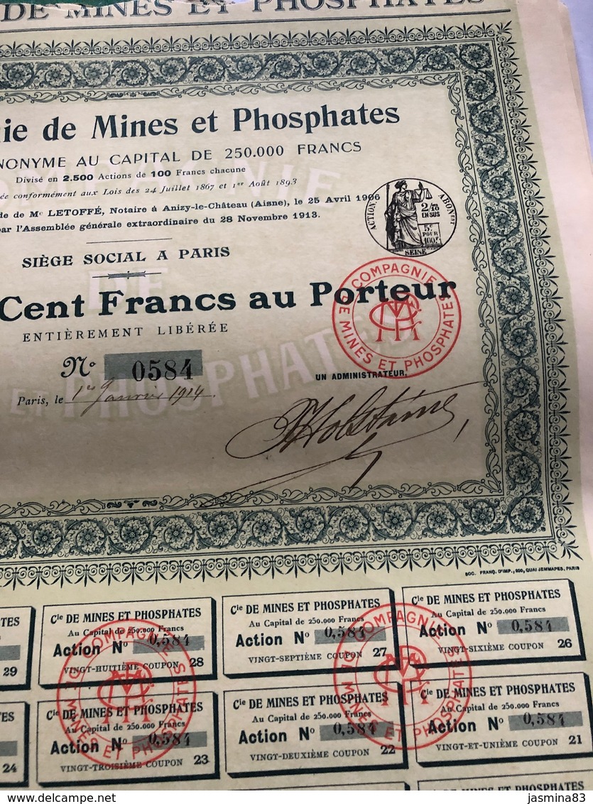 Compagnie De Mines Et Phosphates (cent Francs Au Porteur 1914) - Industrie