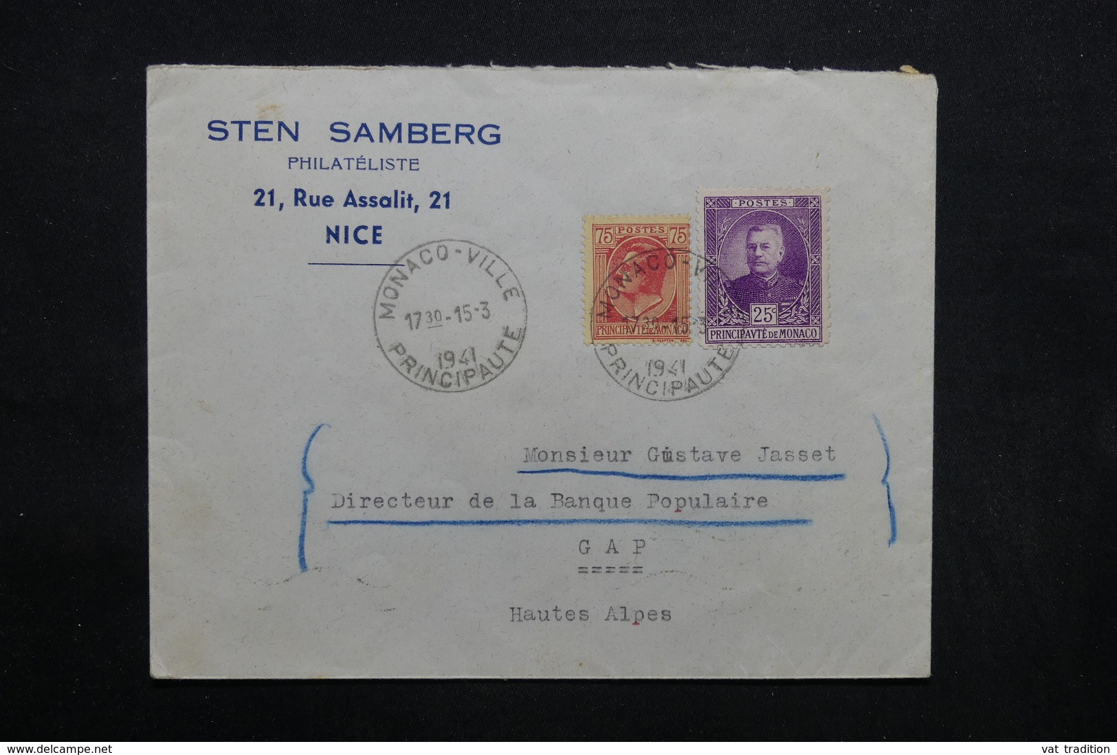 MONACO - Enveloppe Commerciale ( Négociant En Philatélie De Nice ) Pour Gap En 1941, Affranchissement Plaisant - L 32383 - Cartas & Documentos