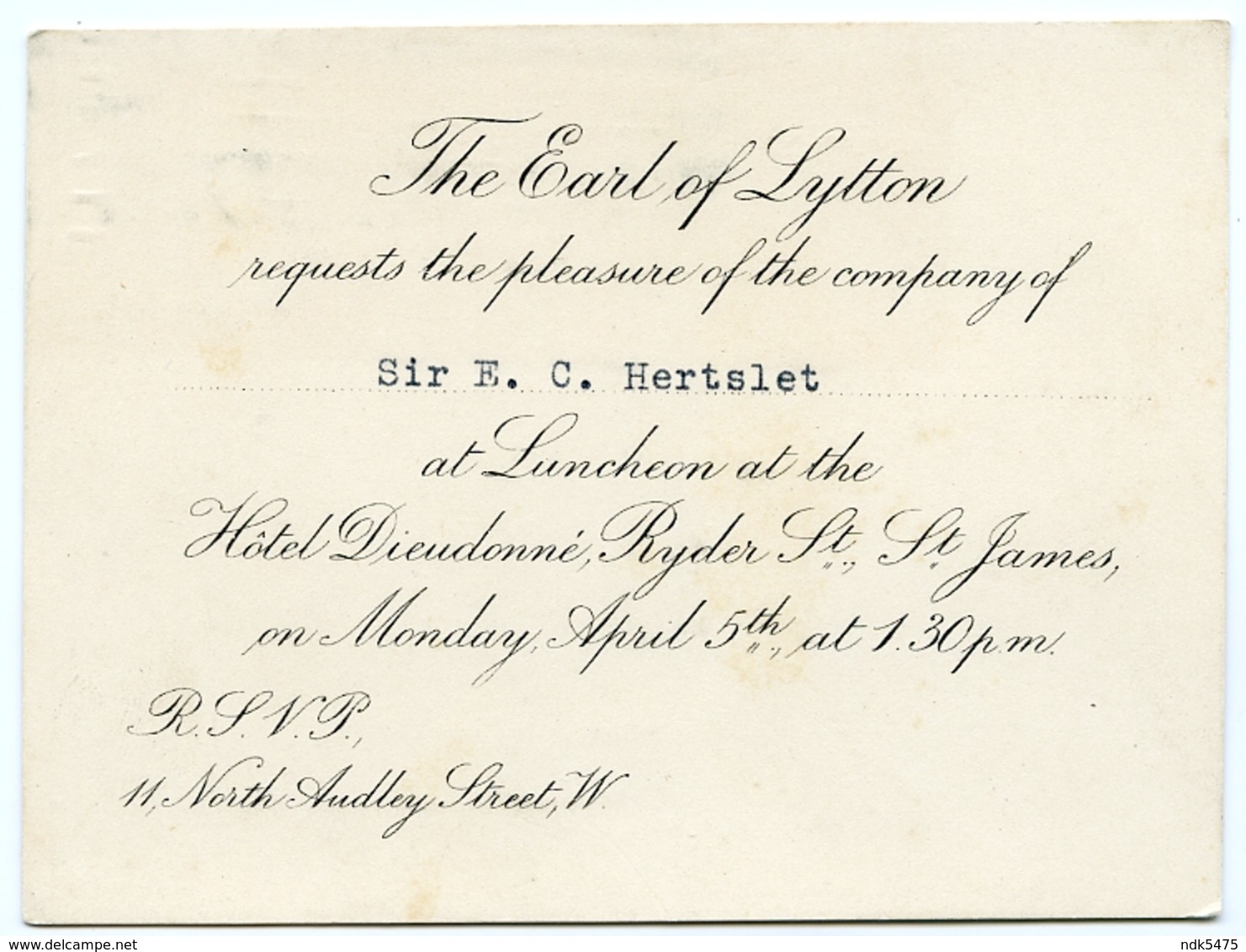 INVITATION TO LUNCHEON : EARL OF LYTTON / SIR EDWARD HERTSLET - HOTEL DIEUDONNE, RYDER ST., ST JAMES, LONDON - Unclassified