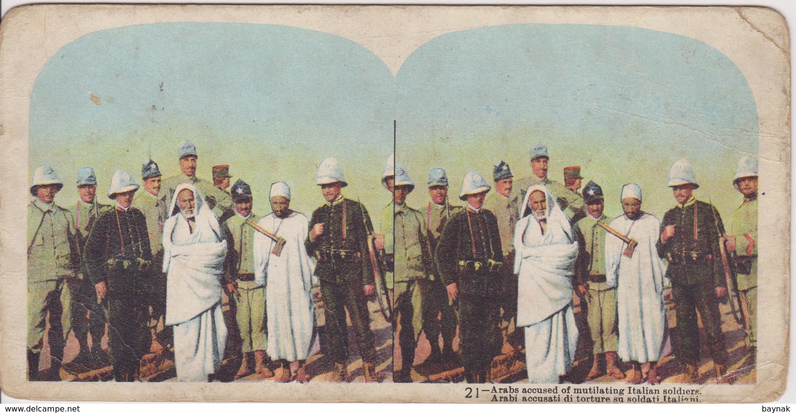 STEREO CARD  17 Cm X 8 Cm  ~~  ITALIA, TURKEY, LIBYA  ~  WAR IN AFRICA  ~~   ARABS ACCUSED OF MUTILATING ITALIAN SOLDIER - Sonstige & Ohne Zuordnung