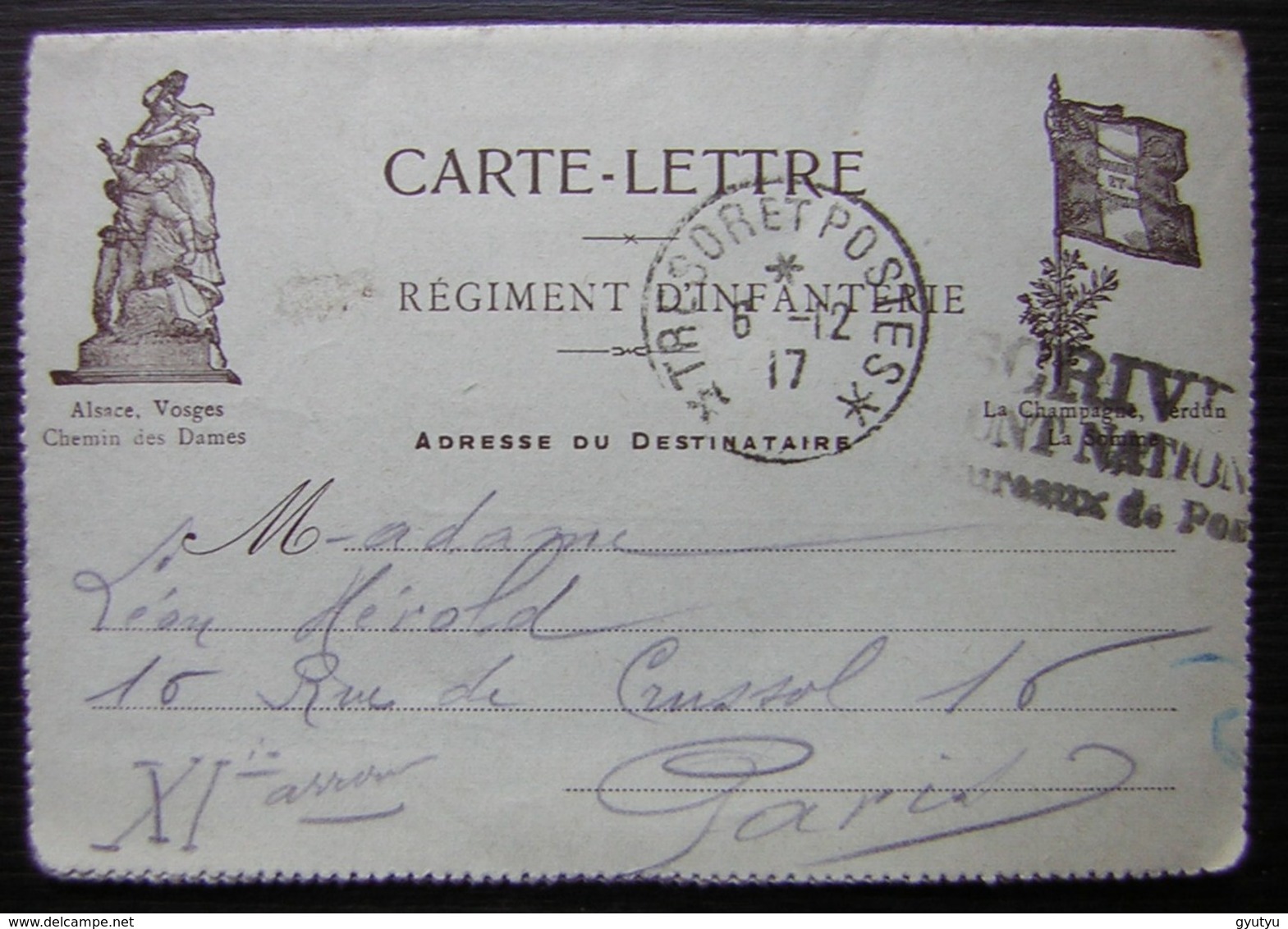 1917 Carte Lettre Du 297 Eme Régiment D'infanterie Secteur Postal 193 Pour Madame Hérold - Guerre De 1914-18