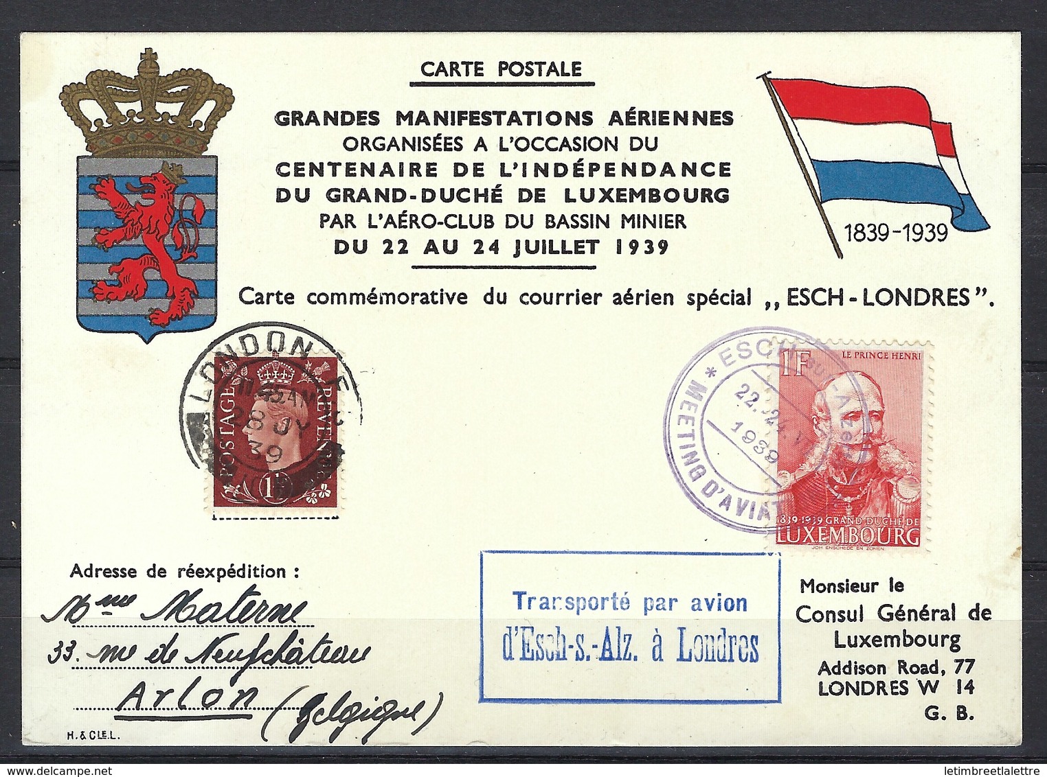 Carte Commémorative Du Courrier Aérien Spécial " Esch - Londres " En 1939, Affranchissement Mixte - Covers & Documents