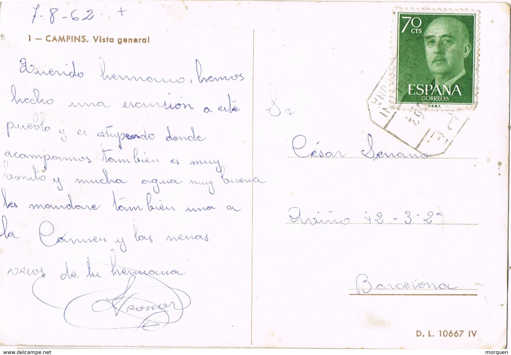 33122. Postal SAN CELONI (Barcelona) 1962. Fechador S.P.E. Servicio Postal. Vista CAMPINS - Cartas & Documentos