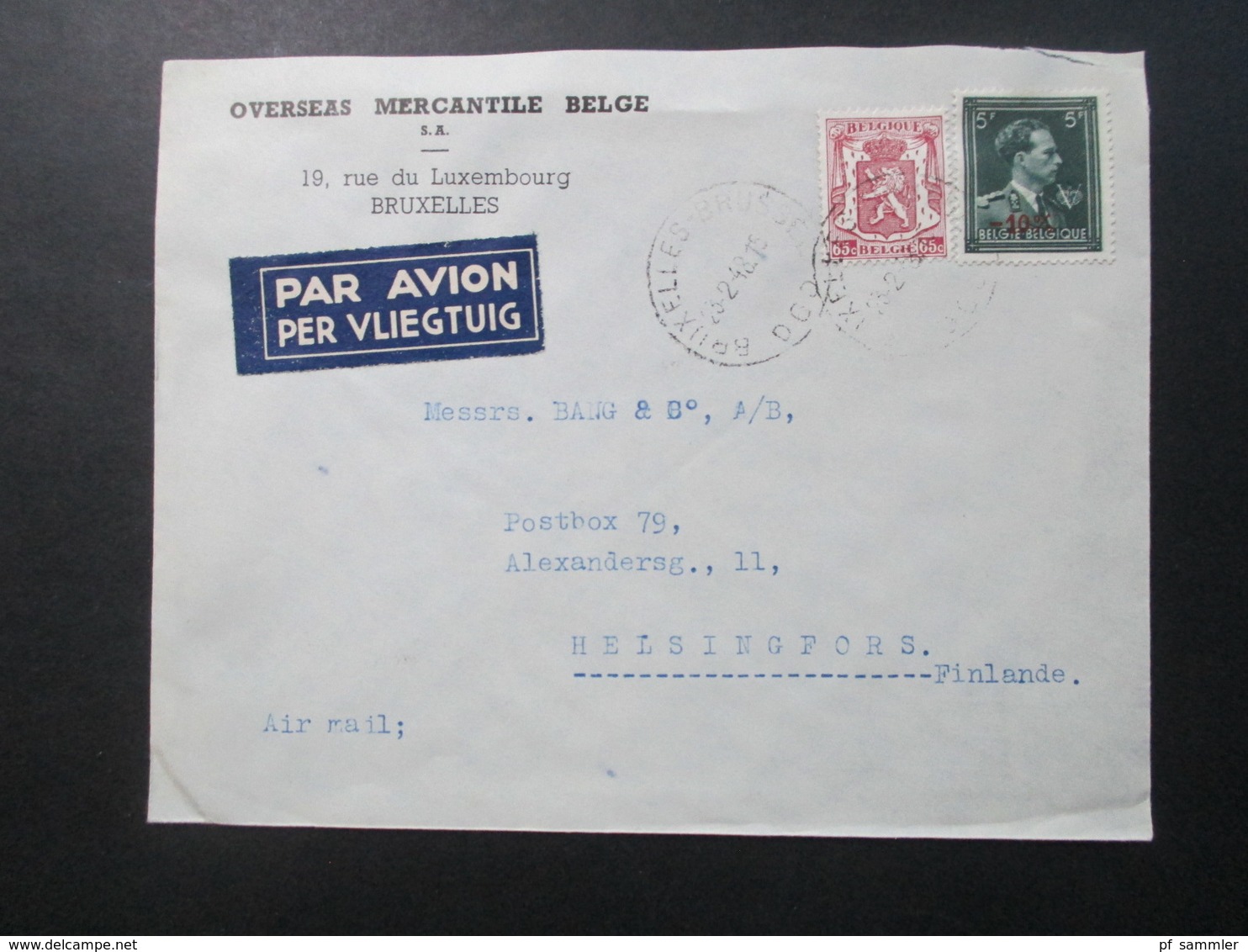 Belgien 1946 Auslandsbrief Nach Finnland Mit Nr. 750 MiF Luftpost Overseas Mercantile Belge Rue Du Luxembourg Bruxelles - 1946 -10 %