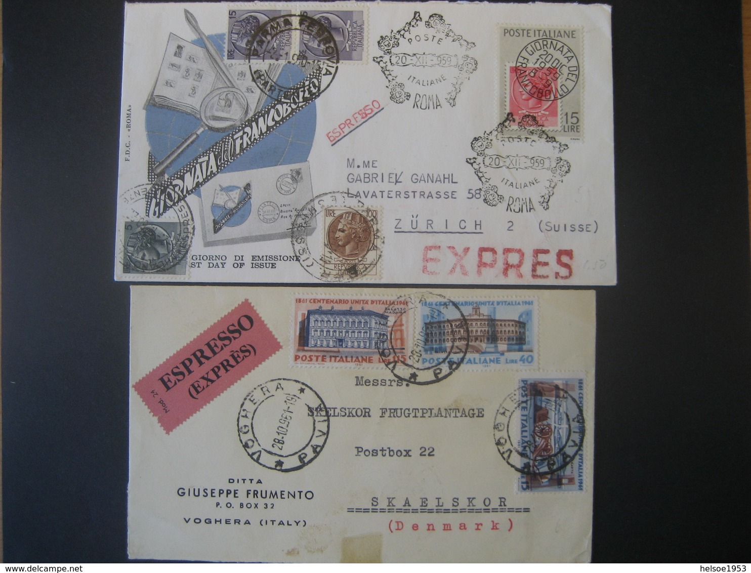 Italien 1959- Belege Express FDC Tag Der Briefmarke Mi. 1057, Express Einigung Italiens Mi. 1111,1109,1107 - Express-post/pneumatisch