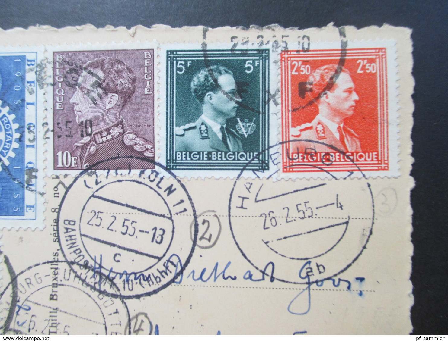 Belgien 1955 AK Liege Mit 6 Marken Nach Hamburg über Köln 11 Bahnpostamt 10 (Hbhf) Und In Hamburg Weitergeleitet! - Storia Postale