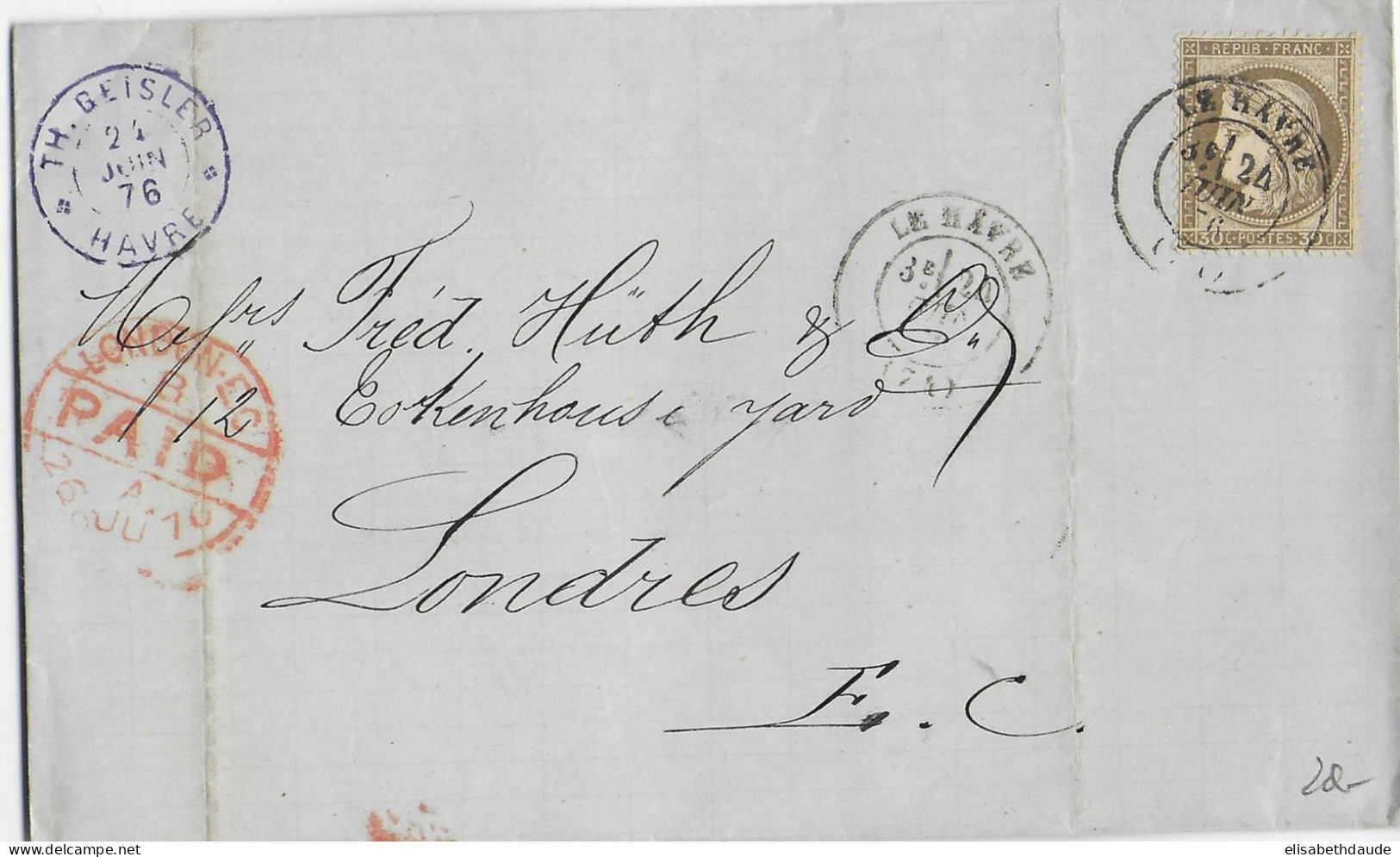 1876 - SEINE INFERIEURE - LETTRE De LE HAVRE =>  LONDRES (ANGLETERRE) - 1871-1875 Cérès