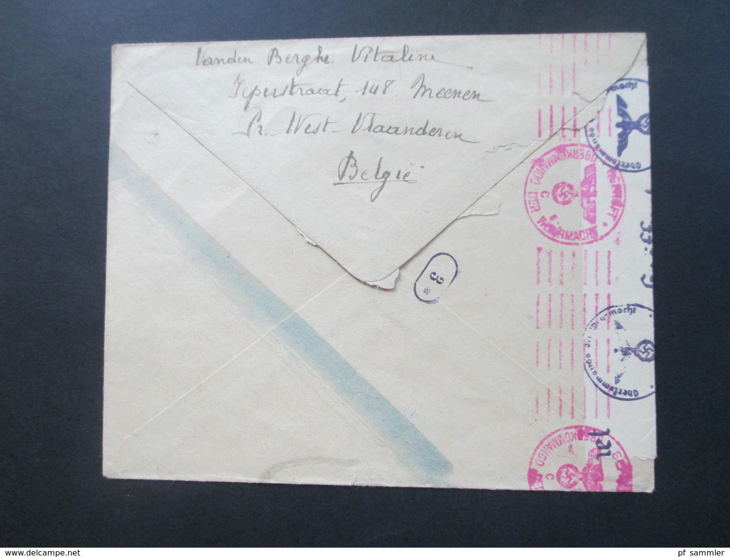 Belgien 1943 Nr. 641 EF Spoedbestelling Expres Geöffnet / OKW Zensur Mit Rosa Zensurstempel Geprüft OKW C - 1934-1935 Léopold III