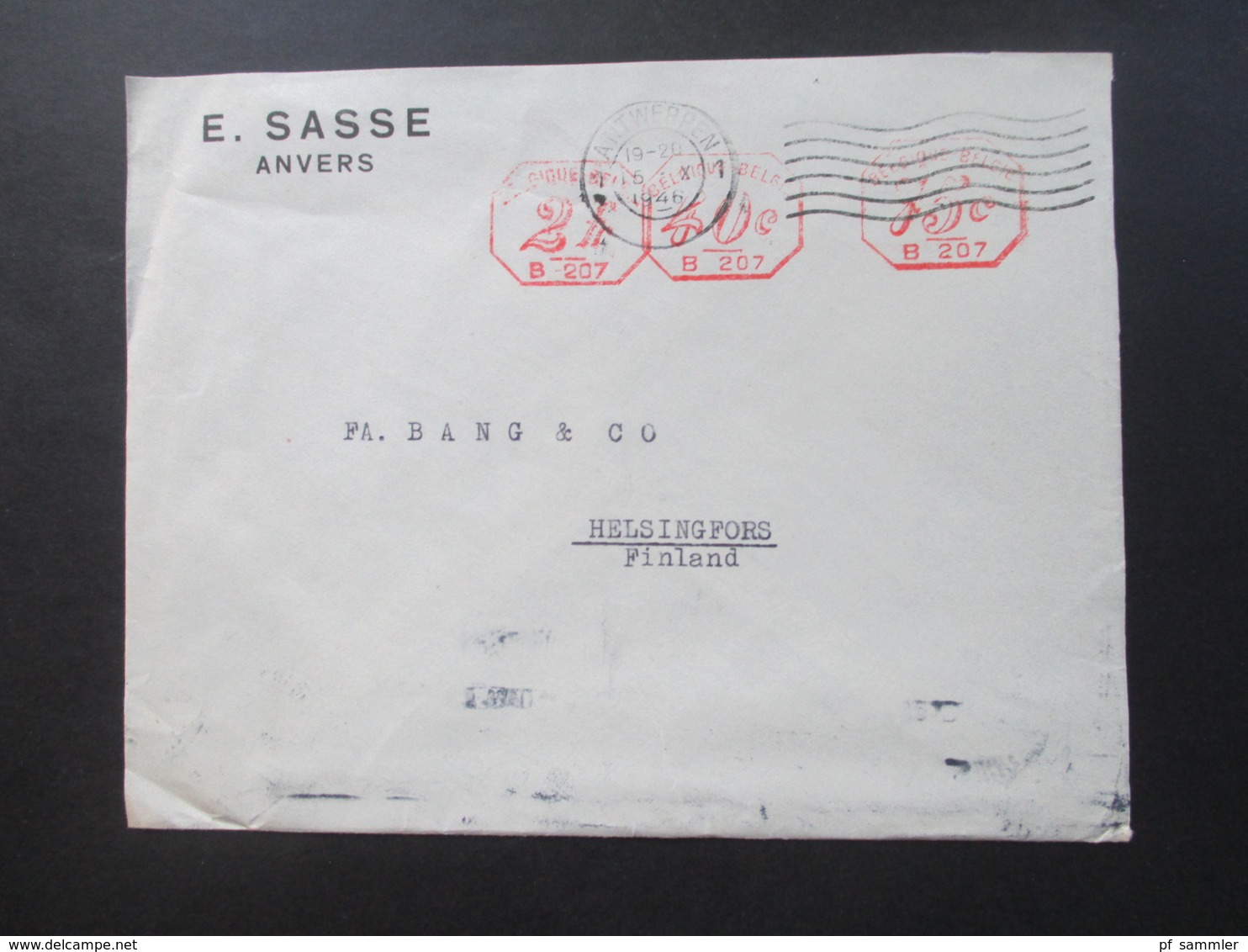 Belgien 1946 Auslandsbrief Nach Finnland Mit 3 Verschiedenen Roten Freistempel E. Sasse Anvers - Helsingfors - 1935-1949 Kleines Staatssiegel