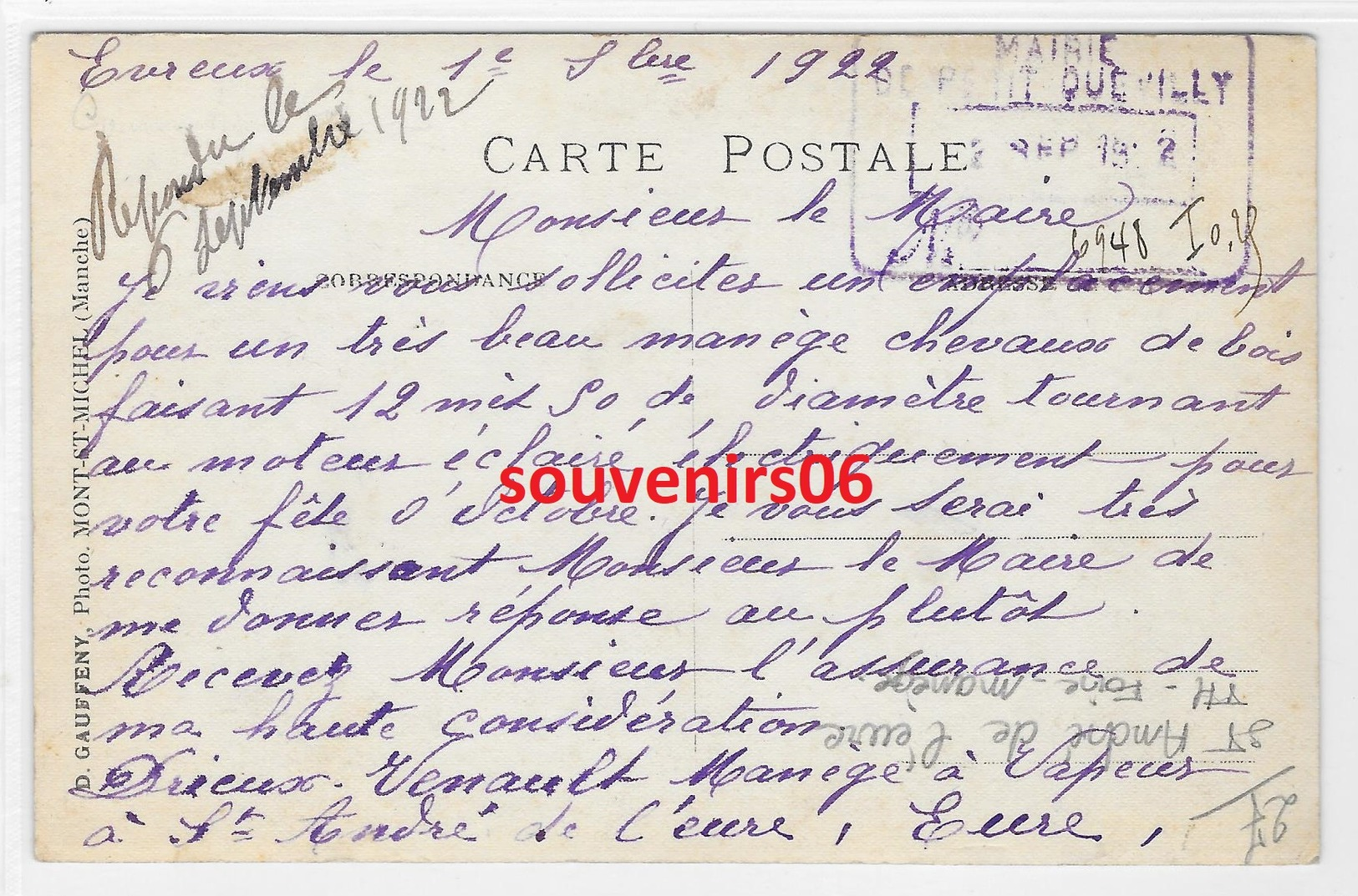 27 - St André De L"eure - Carte Phot - Manège à Chevaux De Bois,manège à Vapeur Drieux Renault 1922 à Texte Au Maire - Sonstige & Ohne Zuordnung