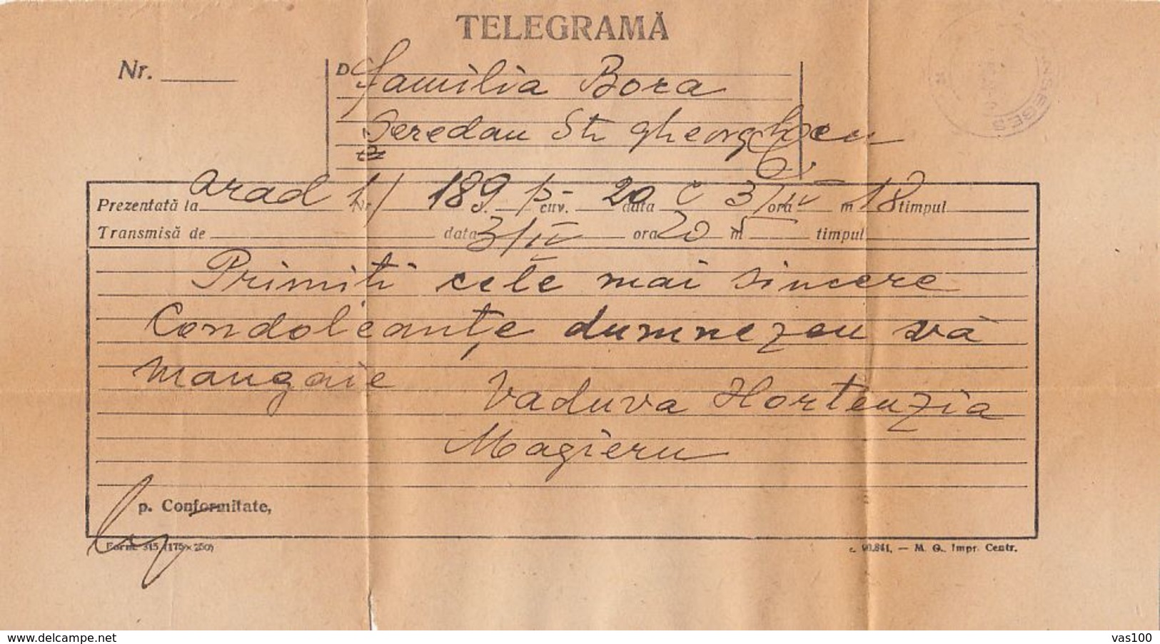 TELEGRAPH, TELEGRAMME SENT FROM ARAD TO SFANTU GHEORGHE, 1948, ROMANIA - Telegraphenmarken