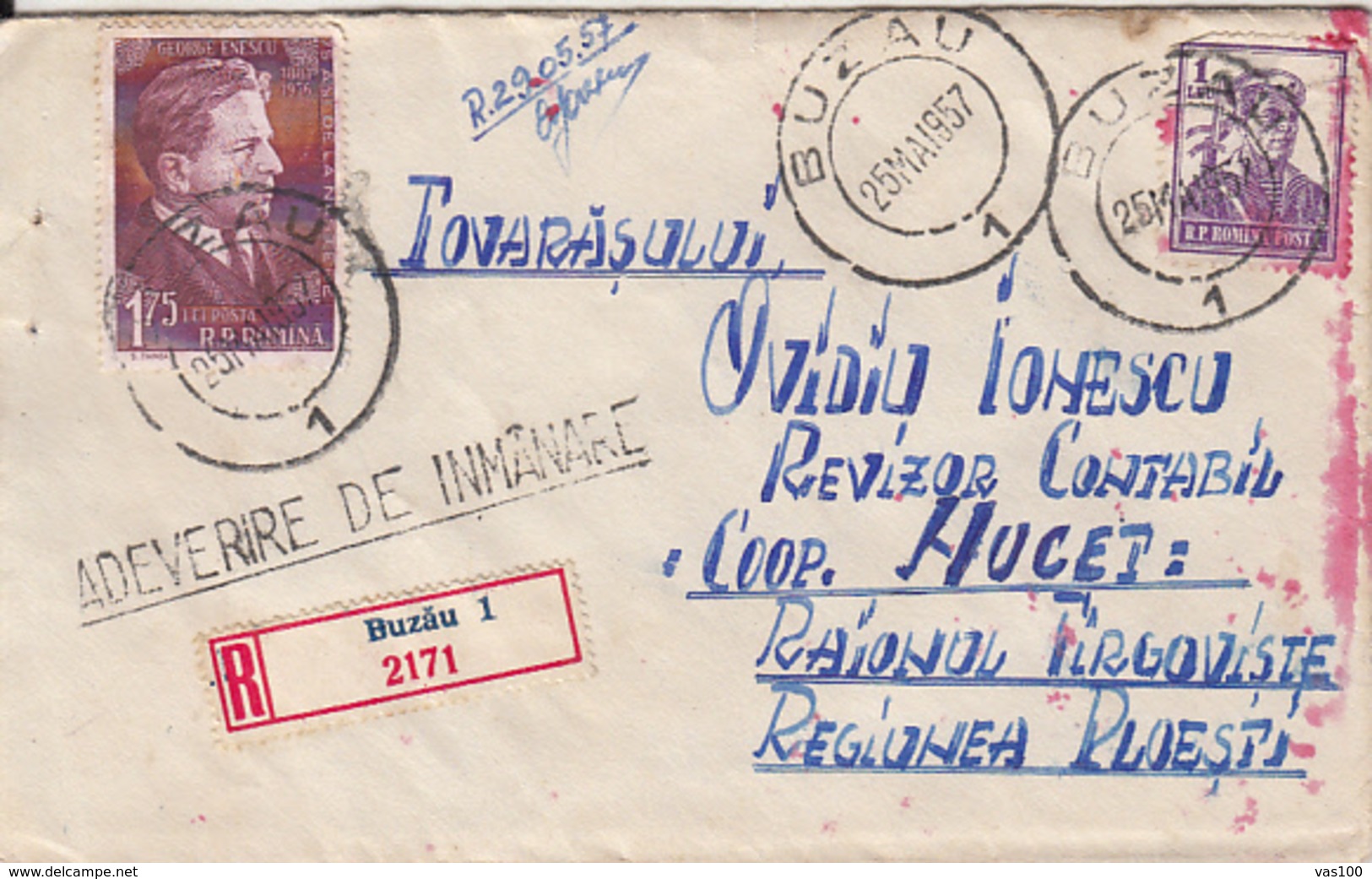 GEORGE ENESCU-COMPOSER, SAILOR, STAMPS ON REGISTERED COVER, 1957, ROMANIA - Storia Postale