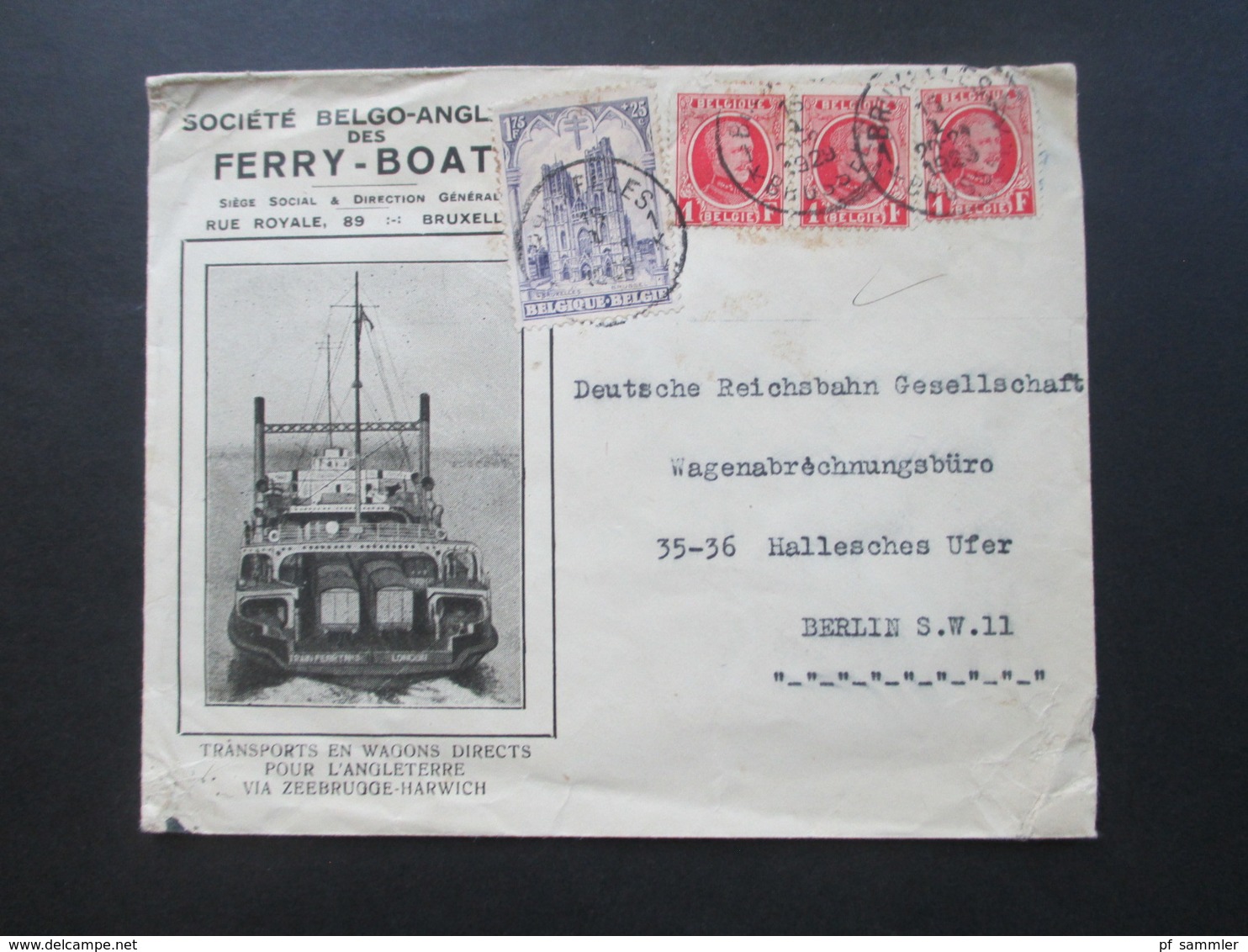 Belgien 1929 Kathedralen Nr. 248 MiF Dekorativer Firmenbrief Societe Belgo - Anglaise Ferry Boat An Die Deutsche Reichsb - Briefe U. Dokumente