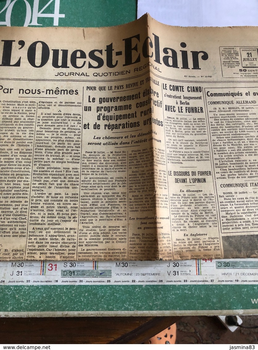 L’Ouest-Eclair Du Dimanche 21 Juillet 1940 - Autres & Non Classés