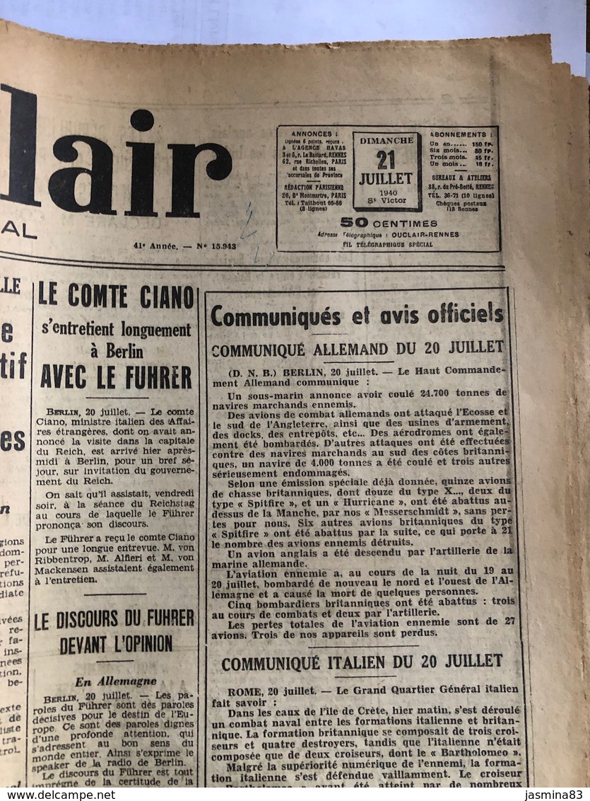 L’Ouest-Eclair Du Dimanche 21 Juillet 1940 - Autres & Non Classés