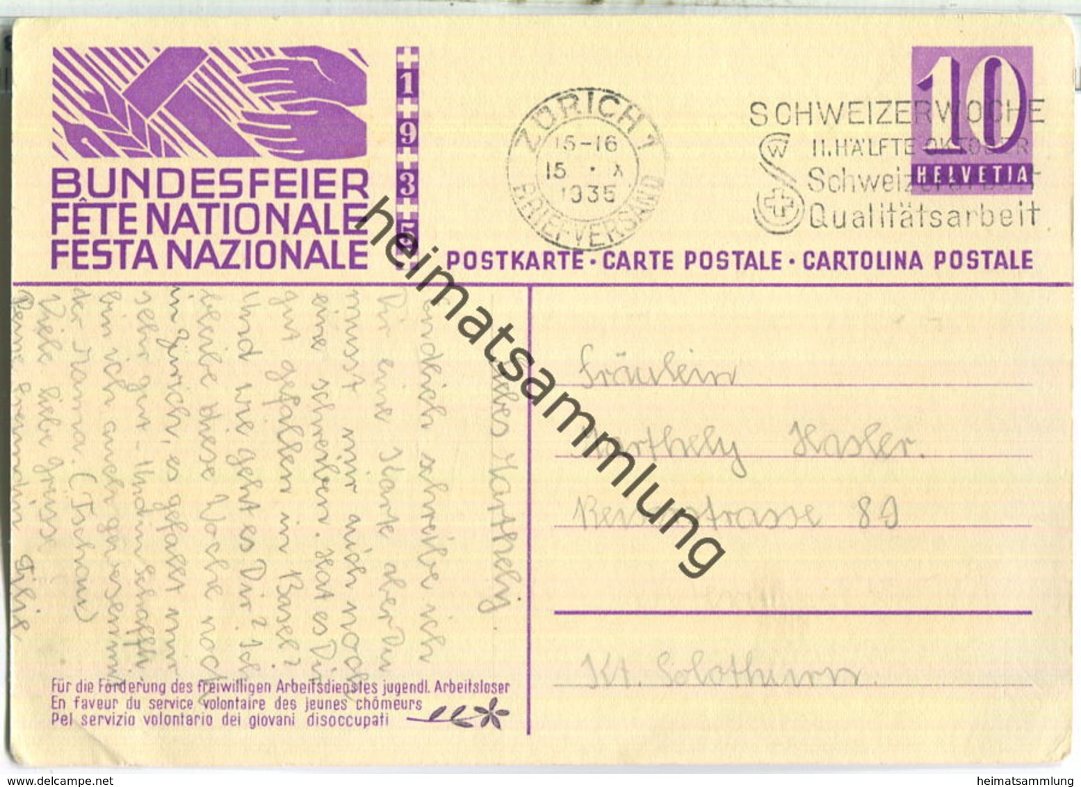 Bundesfeier-Postkarte 1935 - 10 Cts - Für Die Förderung Des Freiwilligen Arbeitsdienstes Jugendlicher Arbeitsloser - Entiers Postaux