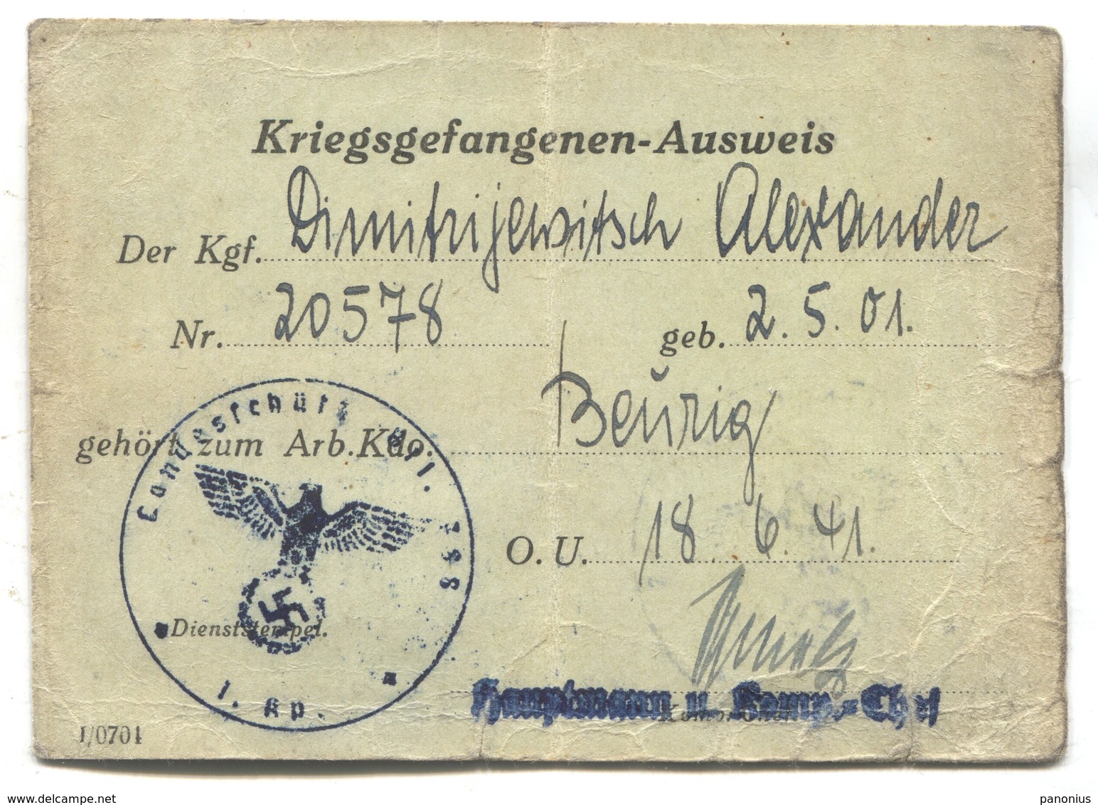 GERMANY, Third Reich, WW2 - 1941. BEURIG, Kriegsgefangenen Prisoner Of War Camp, Ausweis Identity Card - Documents Historiques