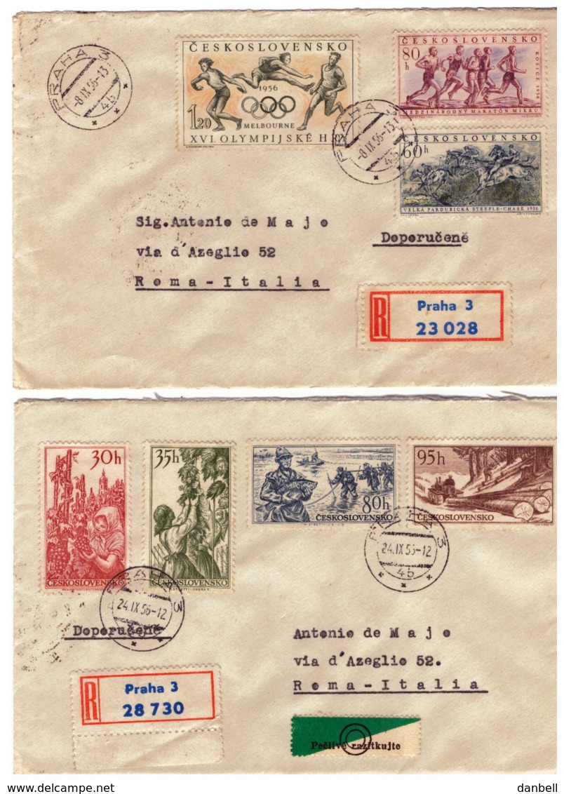 MG198)CECOSLOVACCHIA 1956 2 Racc.te Viaggiate Con 2 Serie Cpl Scott 763-769 - Storia Postale