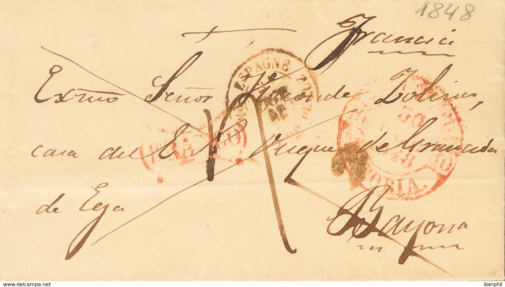 Sobre . 1848. AZCOITIA A BAYONA (FRANCIA). Baeza VERGARA / VITORIA (poco Legible) Y Marca FRANCO, En Rojo De Vergara (P. - Andere & Zonder Classificatie