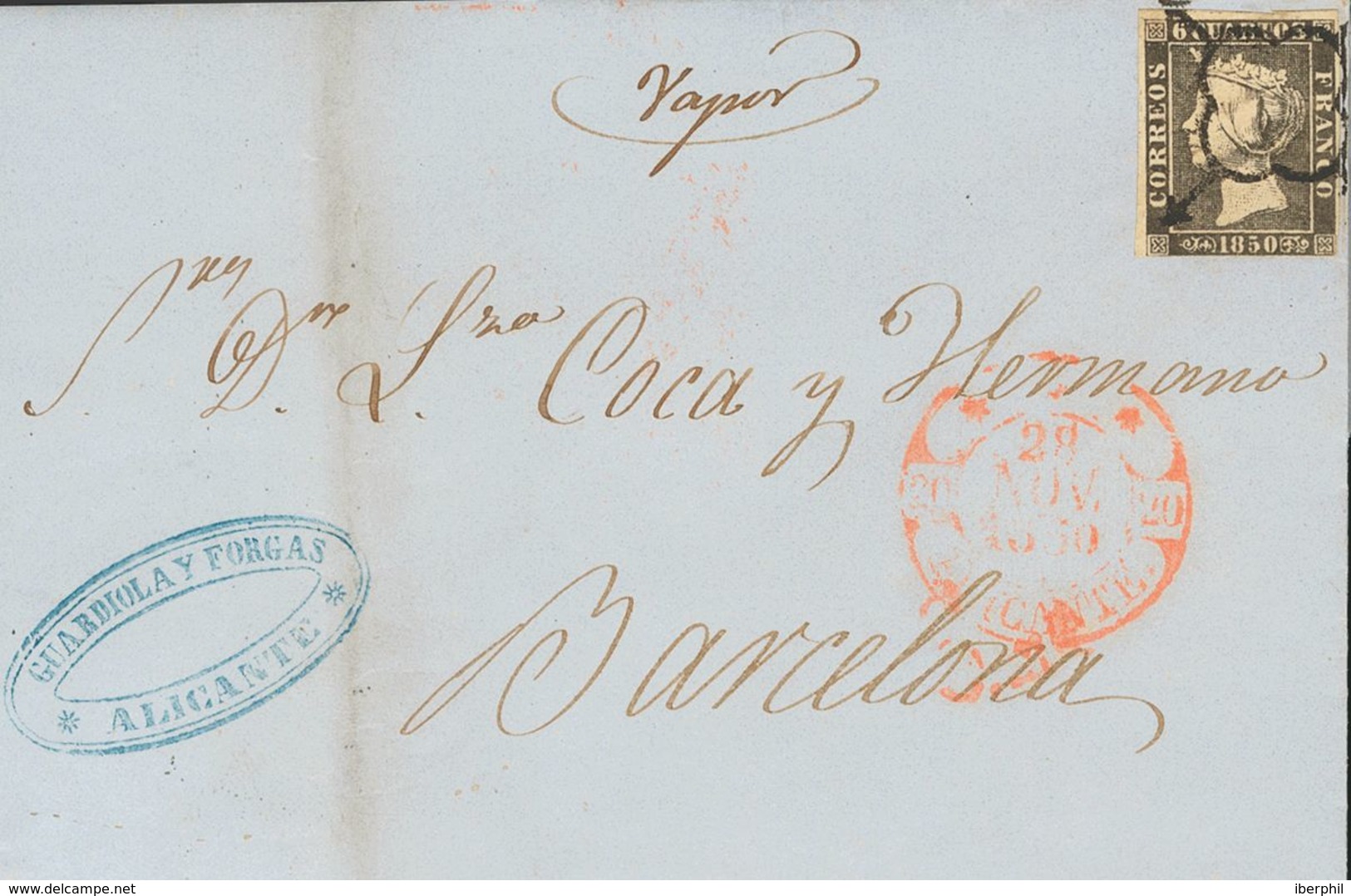 Sobre 1A. 1850. 6 Cuartos Negro. ALICANTE A BARCELONA. En El Frente Manuscrito "Vapor". MAGNIFICA Y RARA. - Andere & Zonder Classificatie