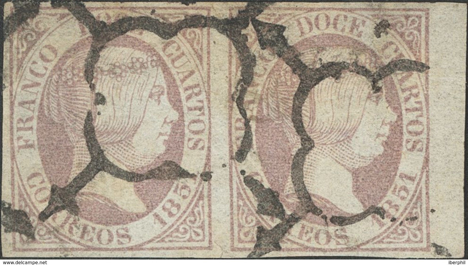 º7(2). 1851. 12 Cuartos Lila, Pareja Borde De Hoja (un Sello Leve Doblez Oblicuo). MAGNIFICA. Edifil 2014: +665 Euros - Other & Unclassified