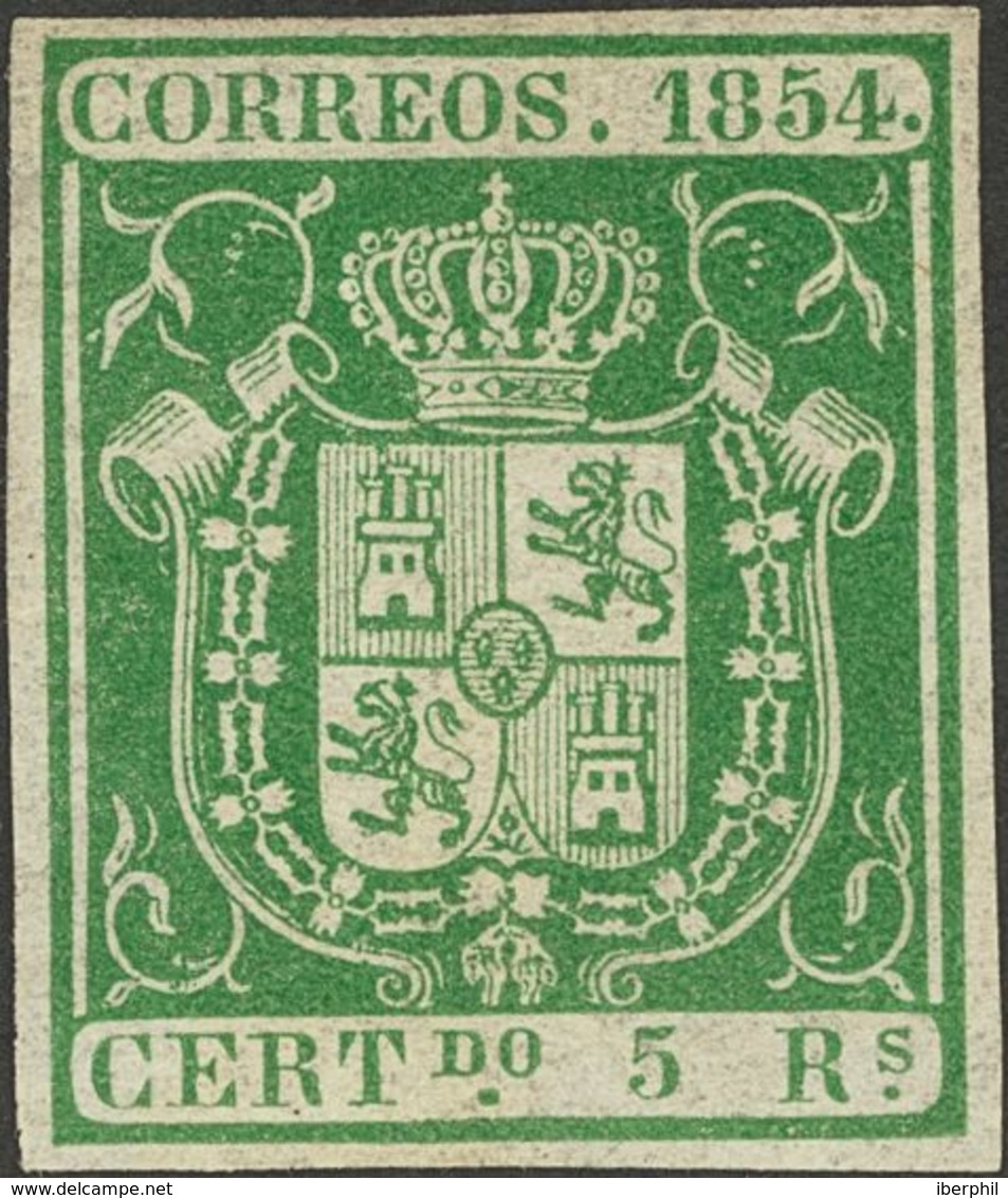 (*)26. 1854. 5 Reales Verde. Enormes Márgenes Y Color Intenso. PIEZA DE LUJO. Cert. GRAUS. - Andere & Zonder Classificatie