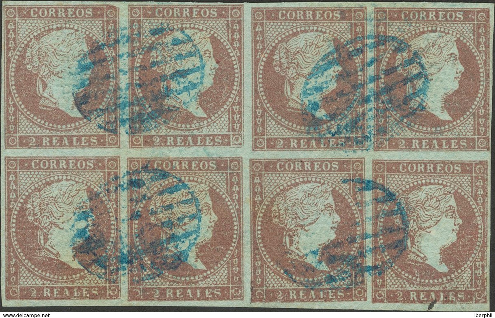 º42(8). 1855. 2 Reales Violeta, Bloque De Ocho. Matasello PARRILLA, En Azul. MAGNIFICO. Edifil 2014: +336 Euros - Other & Unclassified