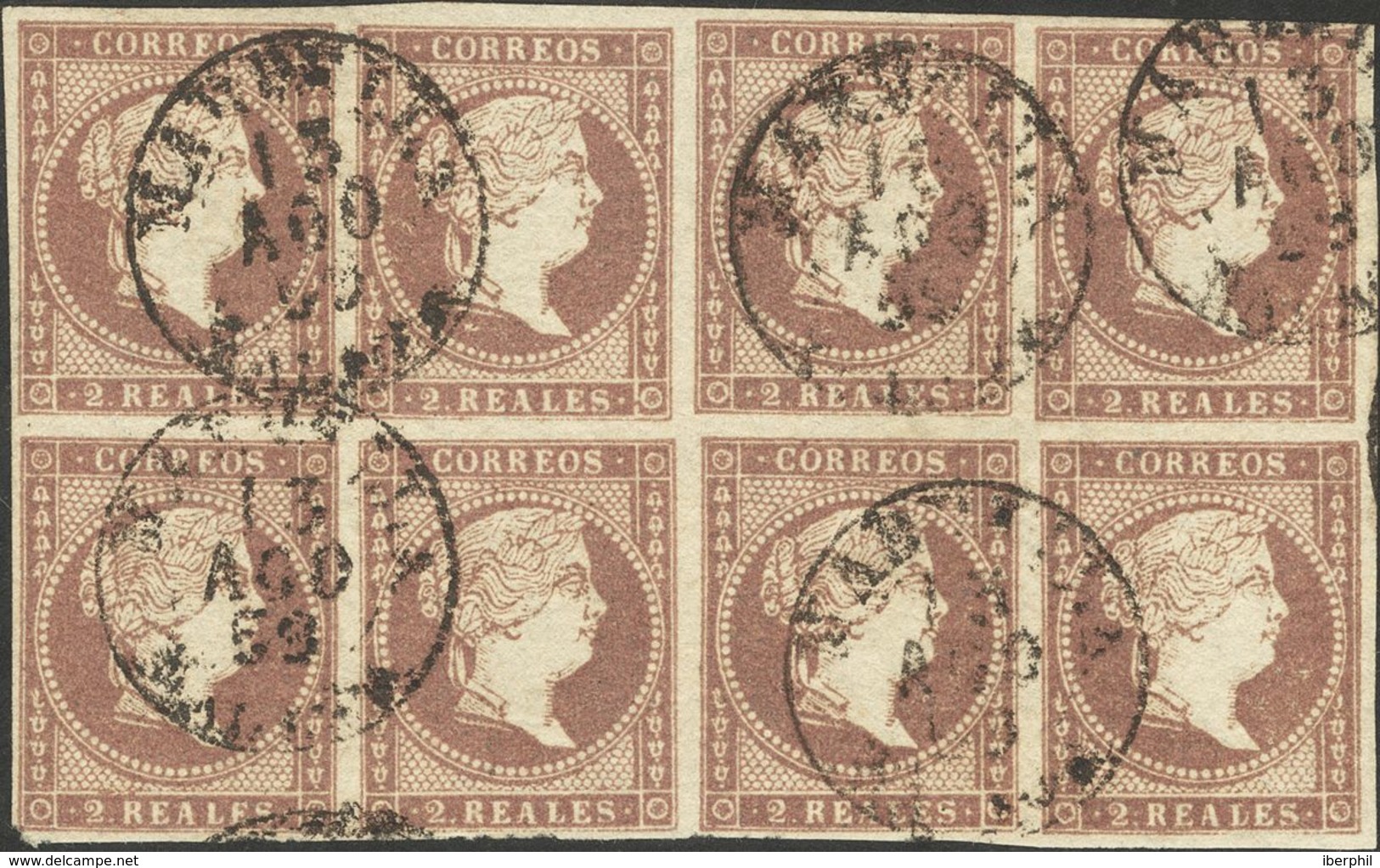 º46(8). 1855. 2 Reales Violeta, Bloque De Ocho (dos Sellos Defectitos Muy Leves). Matasello MARBELLA / MALAGA (Tipo I).  - Andere & Zonder Classificatie