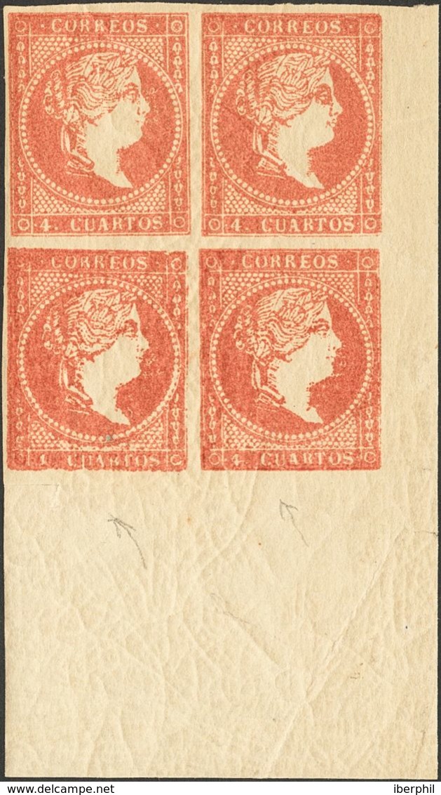 **48(4). 1855. 4 Cuartos Rojo, Bloque De Cuatro, Esquina De Pliego. Un Sello Variedad De Cliché "1" EN LUGAR DE "4". MAG - Andere & Zonder Classificatie