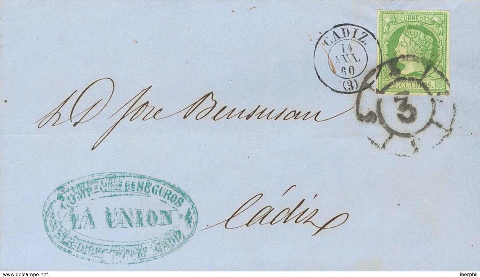 Sobre 51. 1860. 2 Cuartos Verde. Correo Interior De CADIZ. Matasello R.CARRETA Nº3 Y Fechador CADIZ / (3). MAGNIFICA. - Other & Unclassified