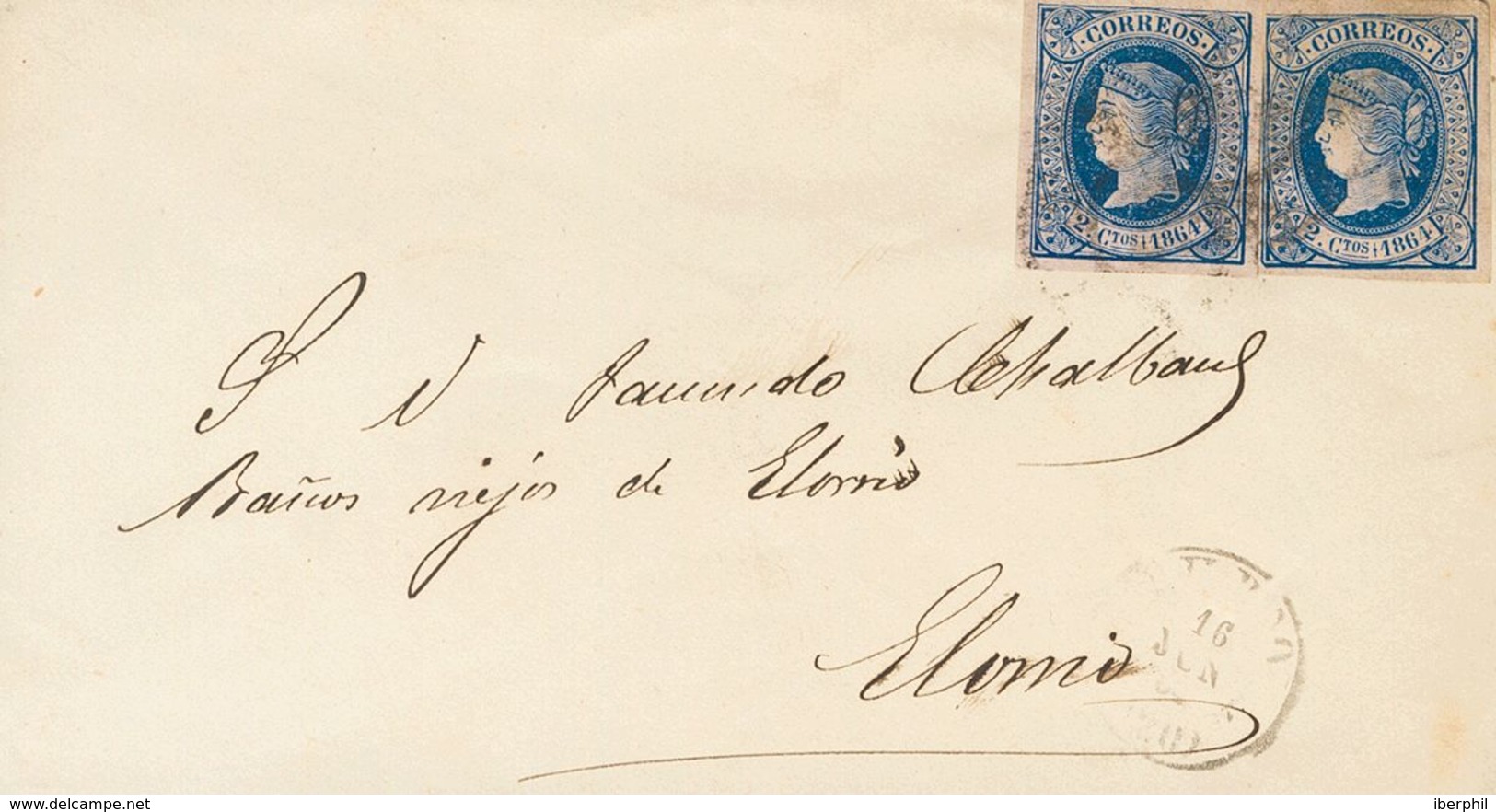 Sobre 63(2). 1864. 2 Cuartos Azul, Dos Sellos. BILBAO A ELORRIO (VIZCAYA). MAGNIFICA Y RARA COMBINACION DE FRANQUEO PARA - Andere & Zonder Classificatie