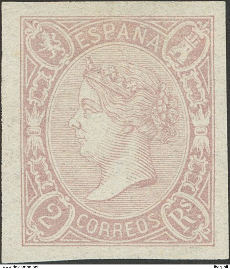 (*)73. 1865. 2 Reales Lila. Enormes Márgenes. PIEZA DE LUJO. Cert. EXFIMA. - Autres & Non Classés