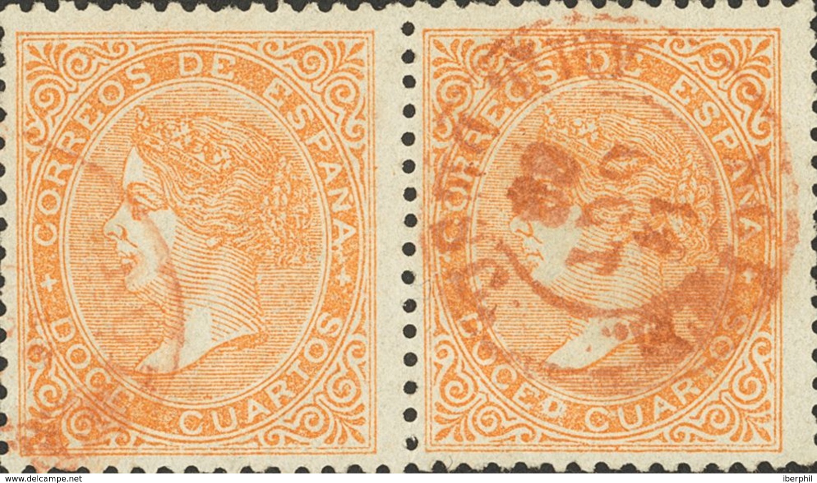 º89A, 89Ait. 1867. 12 Cuartos Naranja, Pareja Y Con Un Sello Variedad "DOCEO". Matasello NORTE / AMB.DESC, En Rojo. MAGN - Autres & Non Classés