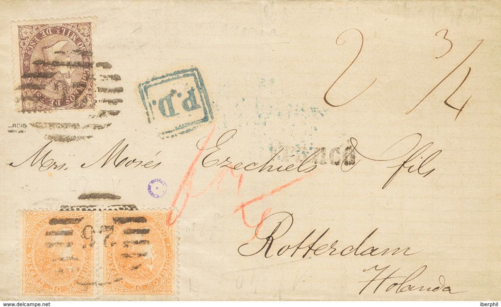 Sobre 89A(2), 98. 1869. 12 Cuartos Naranja, Pareja Y 50 Mils Violeta. GERONA A ROTTERDAM (HOLANDA). Matasello PARRILLA C - Andere & Zonder Classificatie