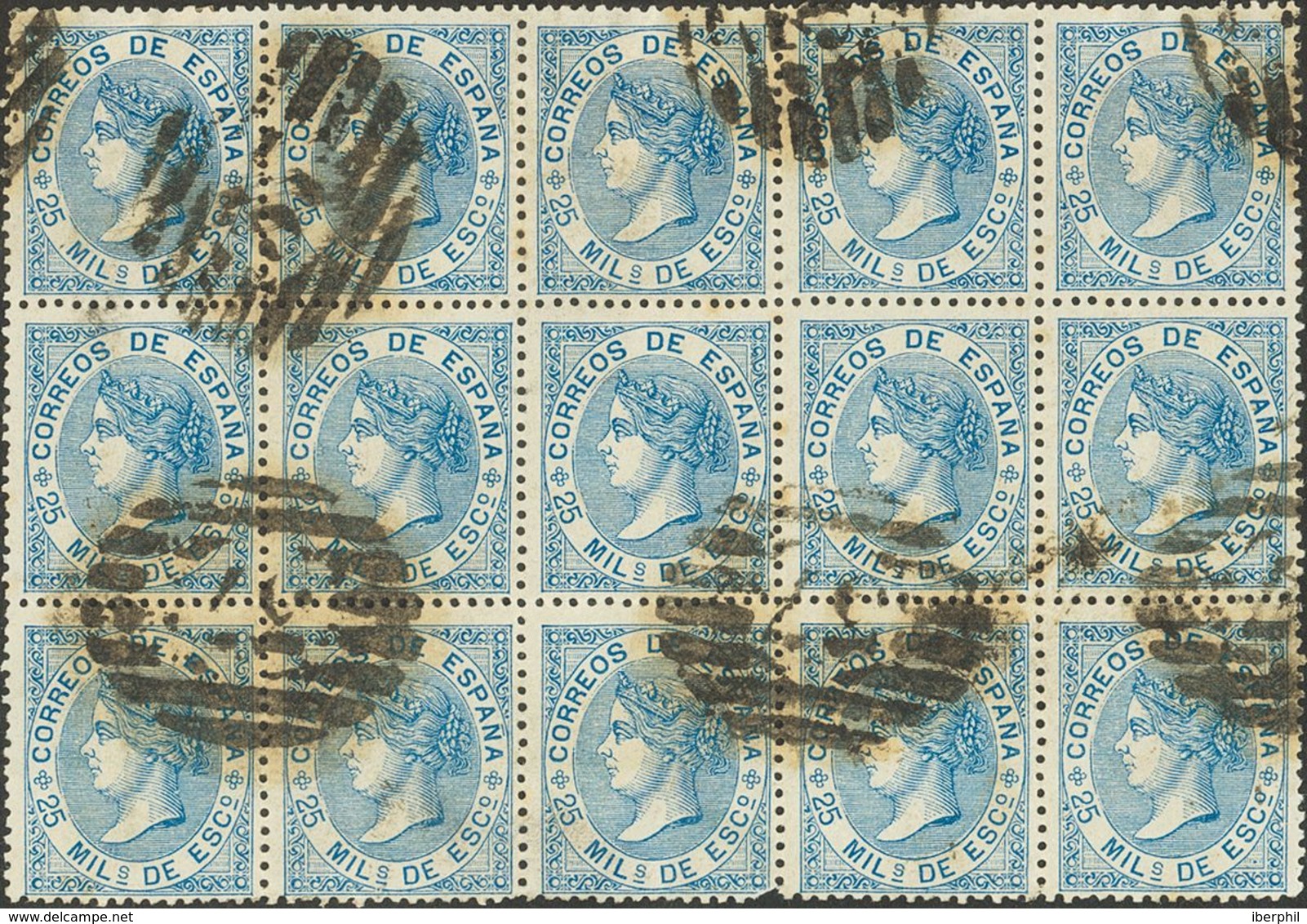 º97(15). 1868. 25 Mils Azul, Bloque De Quince. Matasello PARRILLA CON Nº37, De Palma De Mallorca. MAGNIFICO Y RARISIMO,  - Andere & Zonder Classificatie