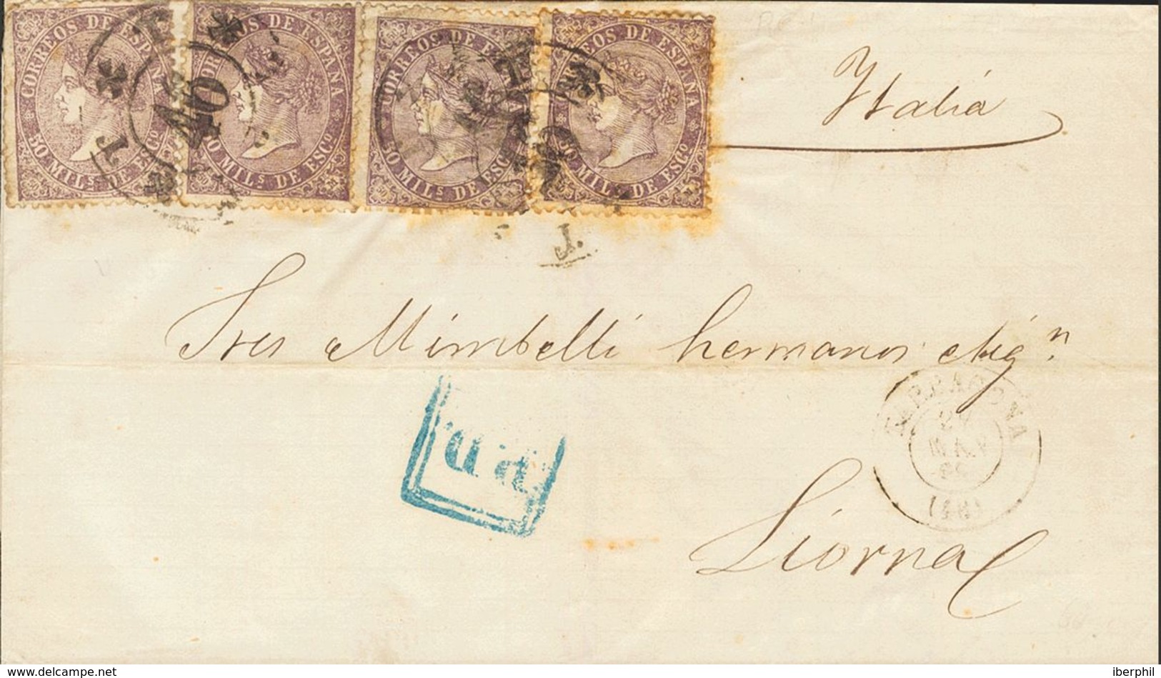 Sobre 98(4). 1869. 50 Mils Violeta, Cuatro Sellos. TARRAGONA A LIVORNO (ITALIA). Matasello R.CARRETA Nº46, Modificada. M - Andere & Zonder Classificatie