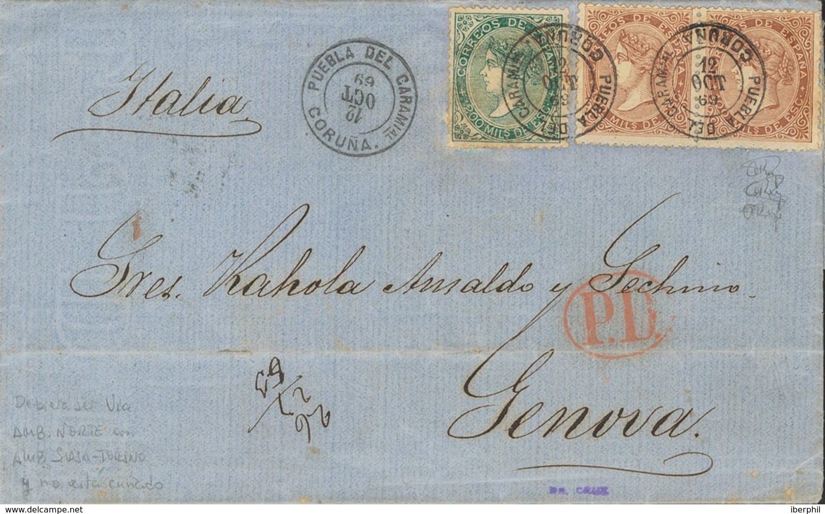 Sobre 99(2), 100. 1869. 100 Mils Castaño, Dos Sellos Y 200 Mils Verde. PUEBLA DEL CARAMIÑAL A GENOVA (ITALIA). Matasello - Other & Unclassified