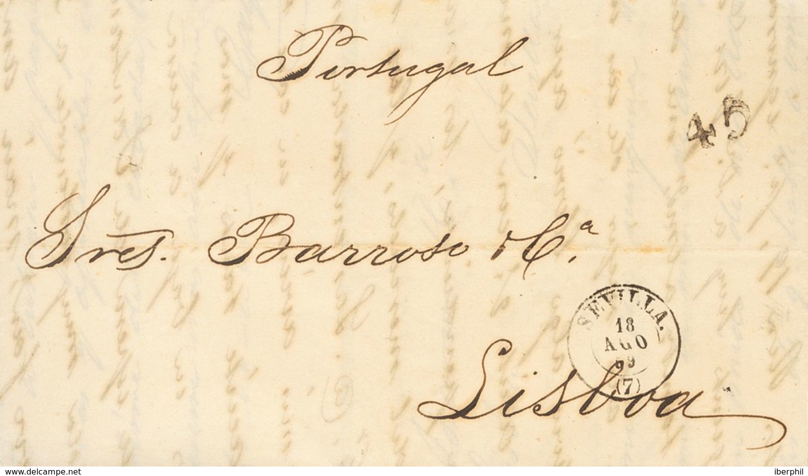 Sobre . 1869. SEVILLA A LISBOA (PORTUGAL). Circulada Sin Sellos Y Tasada "45" (reis) En Destino. MAGNIFICA. - Other & Unclassified