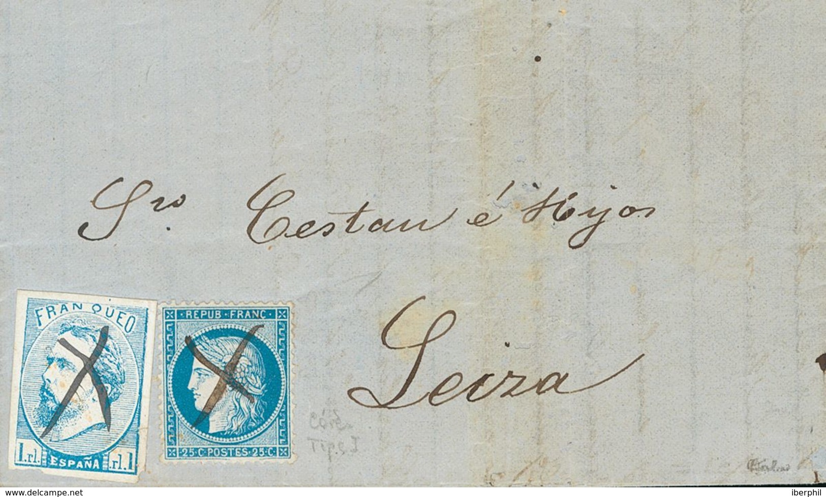 Sobre 156, Yvert 60A. 1874. 1 Real Azul Y 25 Cts Azul Sello Francés De 1873. SAN JUAN DE LUZ (FRANCIA) A LEIZA (NAVARRA) - Other & Unclassified