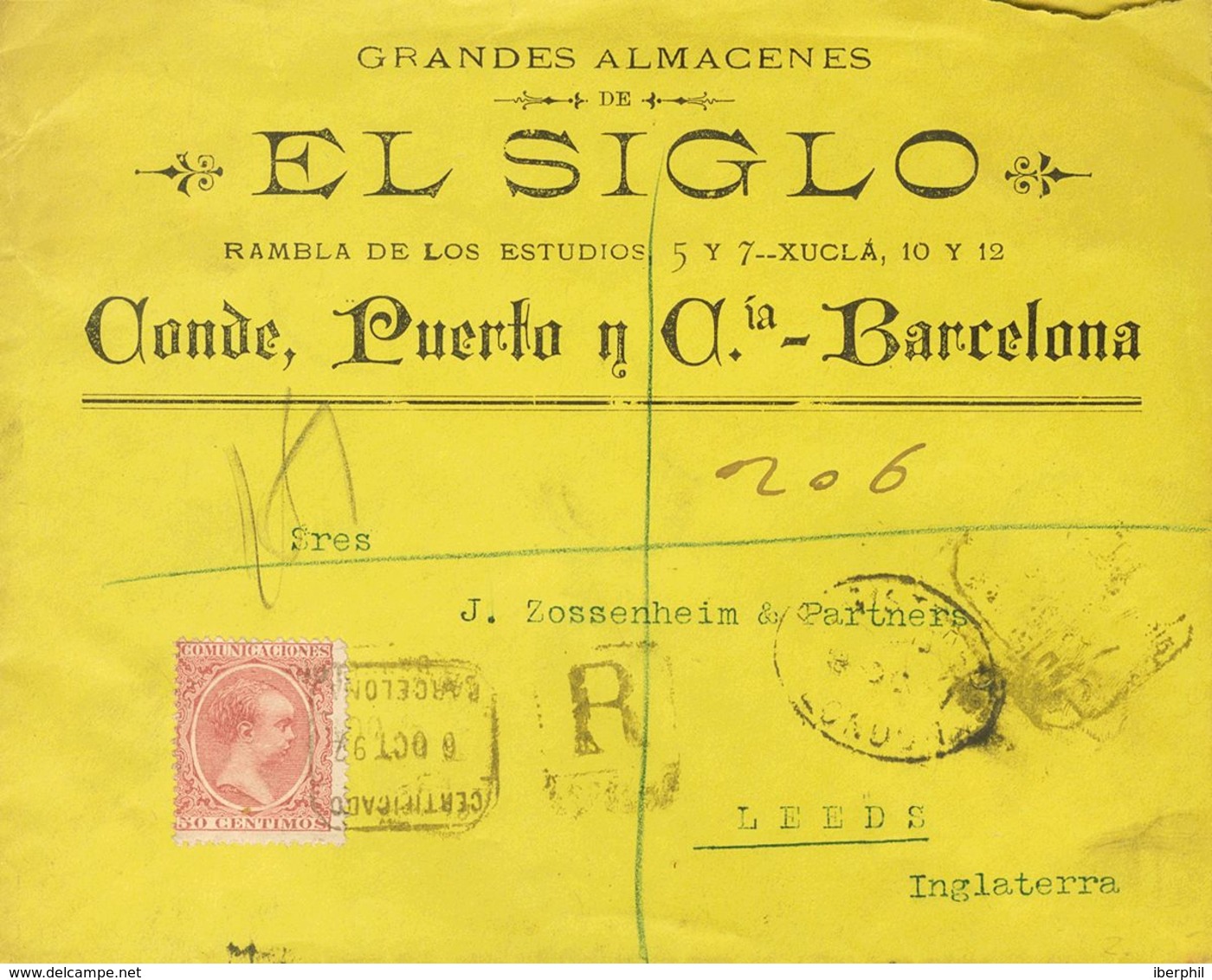 Sobre 224. 1897. 50 Cts Carmín. Certificado De BARCELONA A LEEDS (INGLATERRA). Al Dorso Llegada. MAGNIFICA. - Andere & Zonder Classificatie