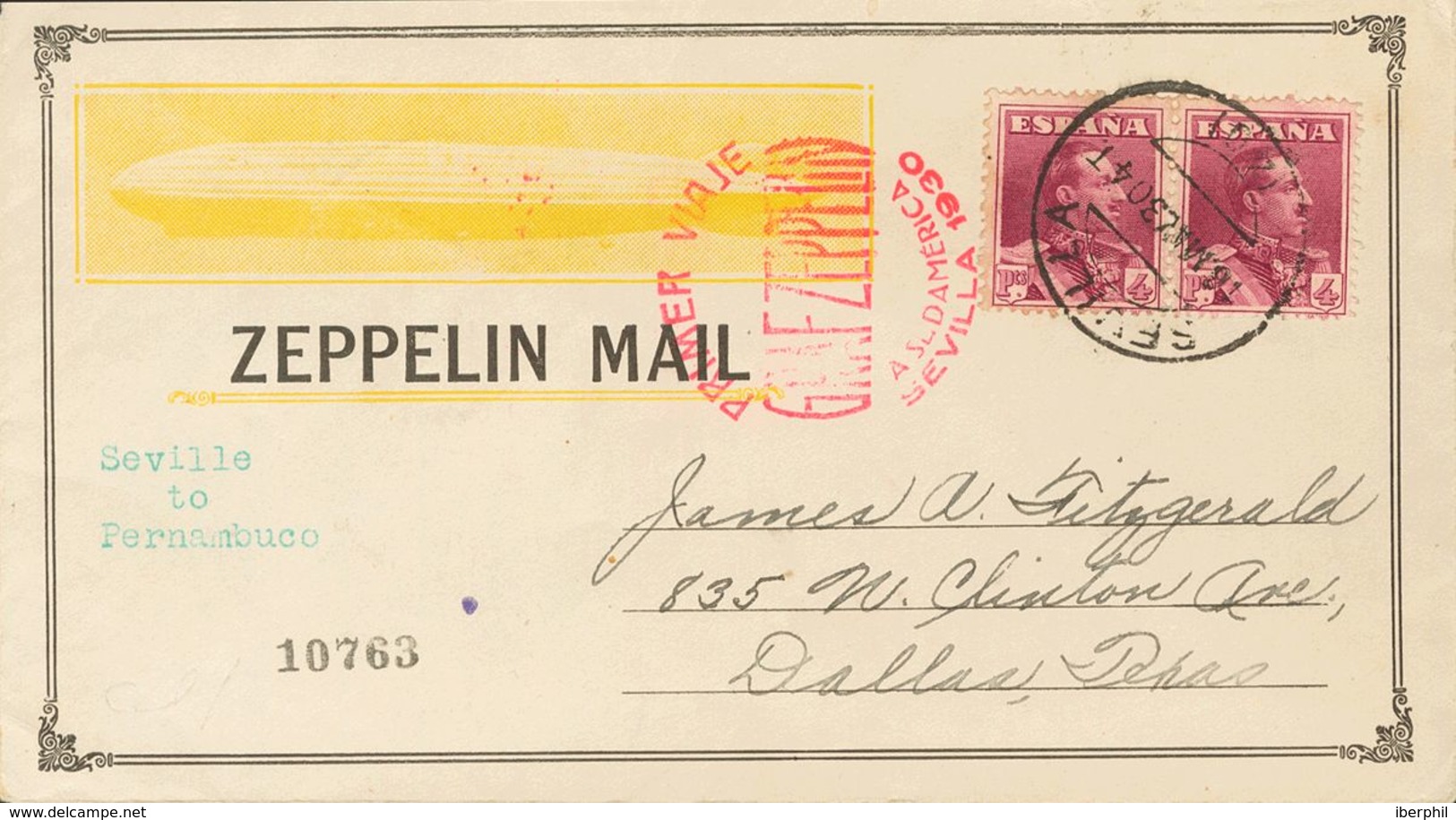 Sobre 322(2). 1930. 4 Pts Carmín Violeta, Dos Sellos. Tarjeta Postal Por Graf Zeppelin De SEVILLA A DALLAS (U.S.A.). En  - Other & Unclassified