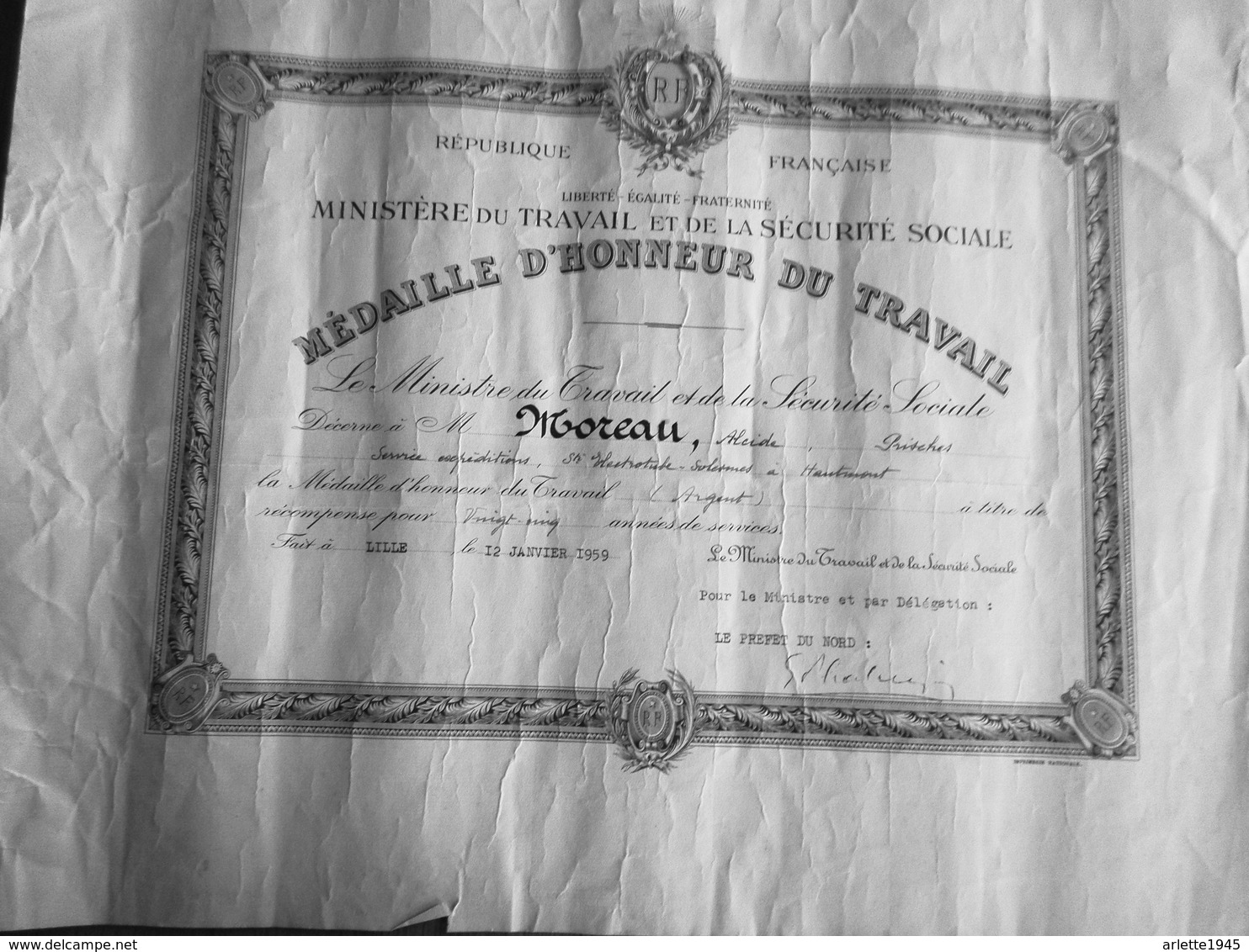 DIPLOME MINISTERE DU TRAVAIL MEDAILLE D'HONNEUR DU TRAVAIL 1959 - Diploma & School Reports