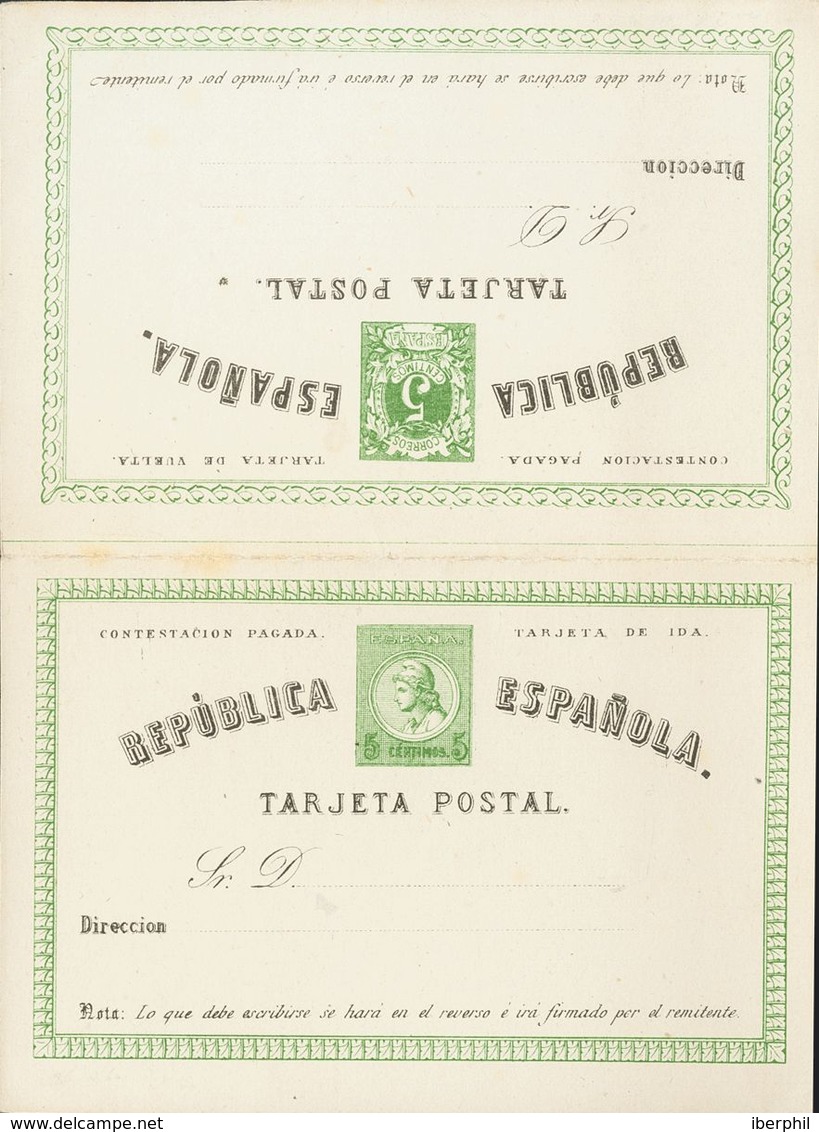 (*)EP2A. 1873. 5 Cts+5 Cts Verde Sobre Tarjeta Entero Postal, De Ida Y Vuelta (Tipo II). MAGNIFICA Y RARA. Edifil 2019:  - Otros & Sin Clasificación