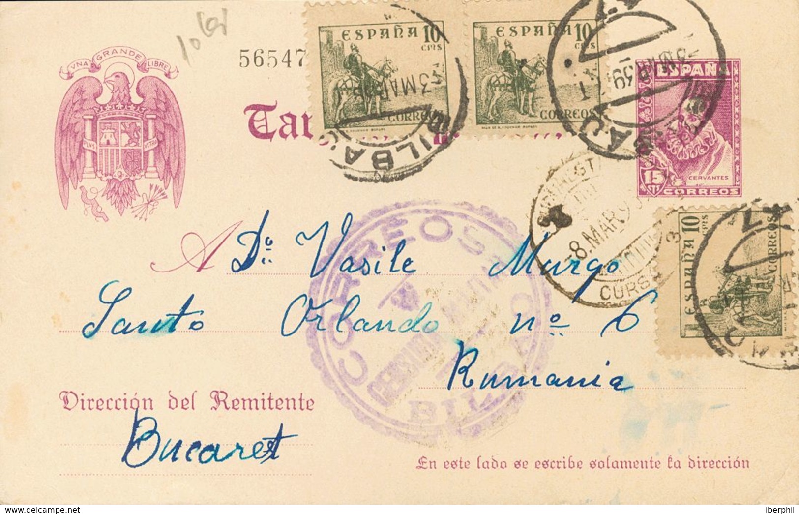 Sobre EP82, 817(3). 1939. 15 Cts Violeta Sobre Tarjeta Entero Postal De BILBAO A BUCAREST (RUMANIA), Con Franqueo Comple - Sonstige & Ohne Zuordnung