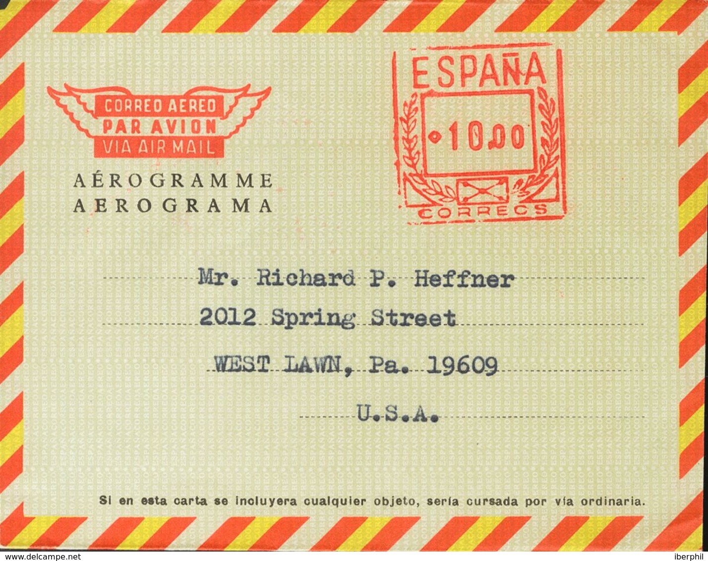 (*)AE104. 1967. 10 Pts Sobre Aerograma (Tipo III Sin Precio). Con La Dirección Inscrita Pero Sin Circular. MAGNIFICO. Ed - Andere & Zonder Classificatie