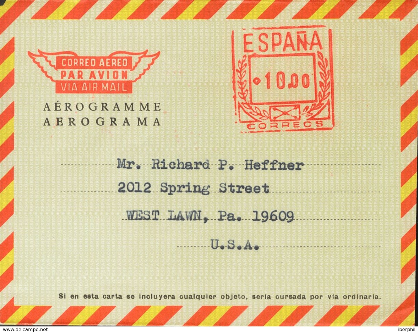 (*)AE104. 1967. 10 Pts Sobre Aerograma (Tipo III Sin Precio). Con La Dirección Inscrita Pero Sin Circular. MAGNIFICO. Ed - Other & Unclassified